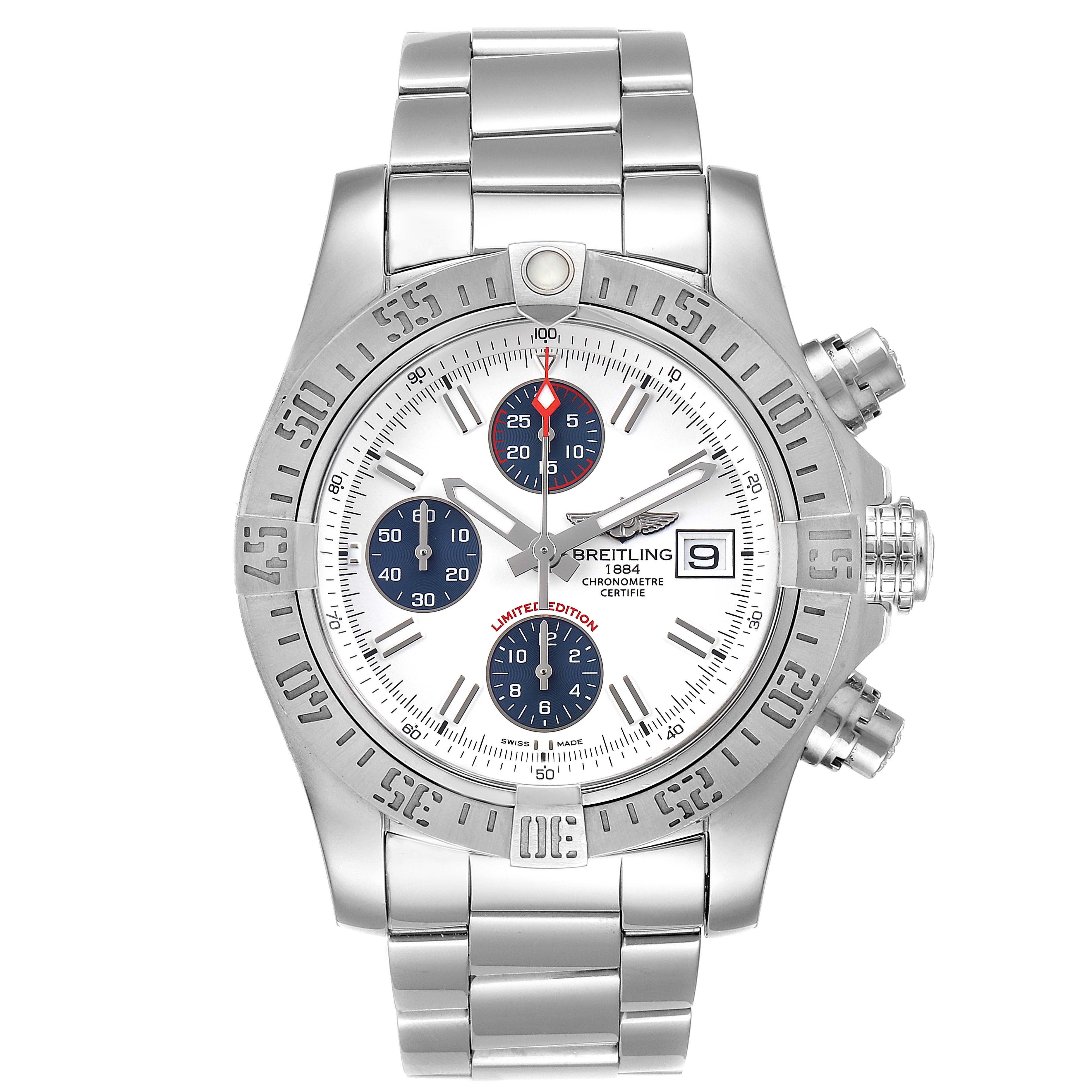 The image shows a front view of a Breitling Avenger A13381 Men's Stainless Steel White Dial A13381 Men's Stainless Steel White Dial watch displaying its face, bezel, and bracelet.