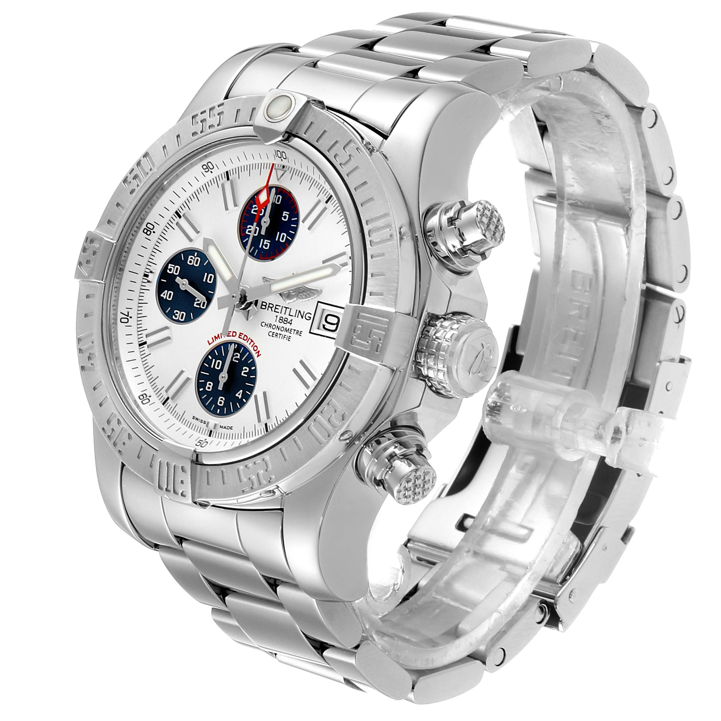 The Breitling Avenger A13381 Men's Stainless Steel White Dial A13381 Men's Stainless Steel White Dial watch is shown at an angle displaying its face, bezel, crown, buttons, and bracelet.