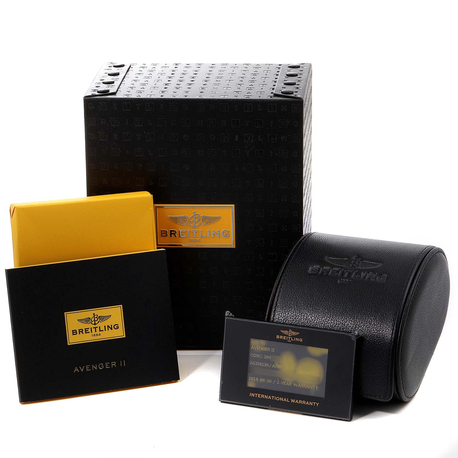 The image shows the Breitling Avenger A13381 Men's Stainless Steel White Dial A13381 Men's Stainless Steel White Dial II watch packaging, including the outer box, leather case, and warranty card.