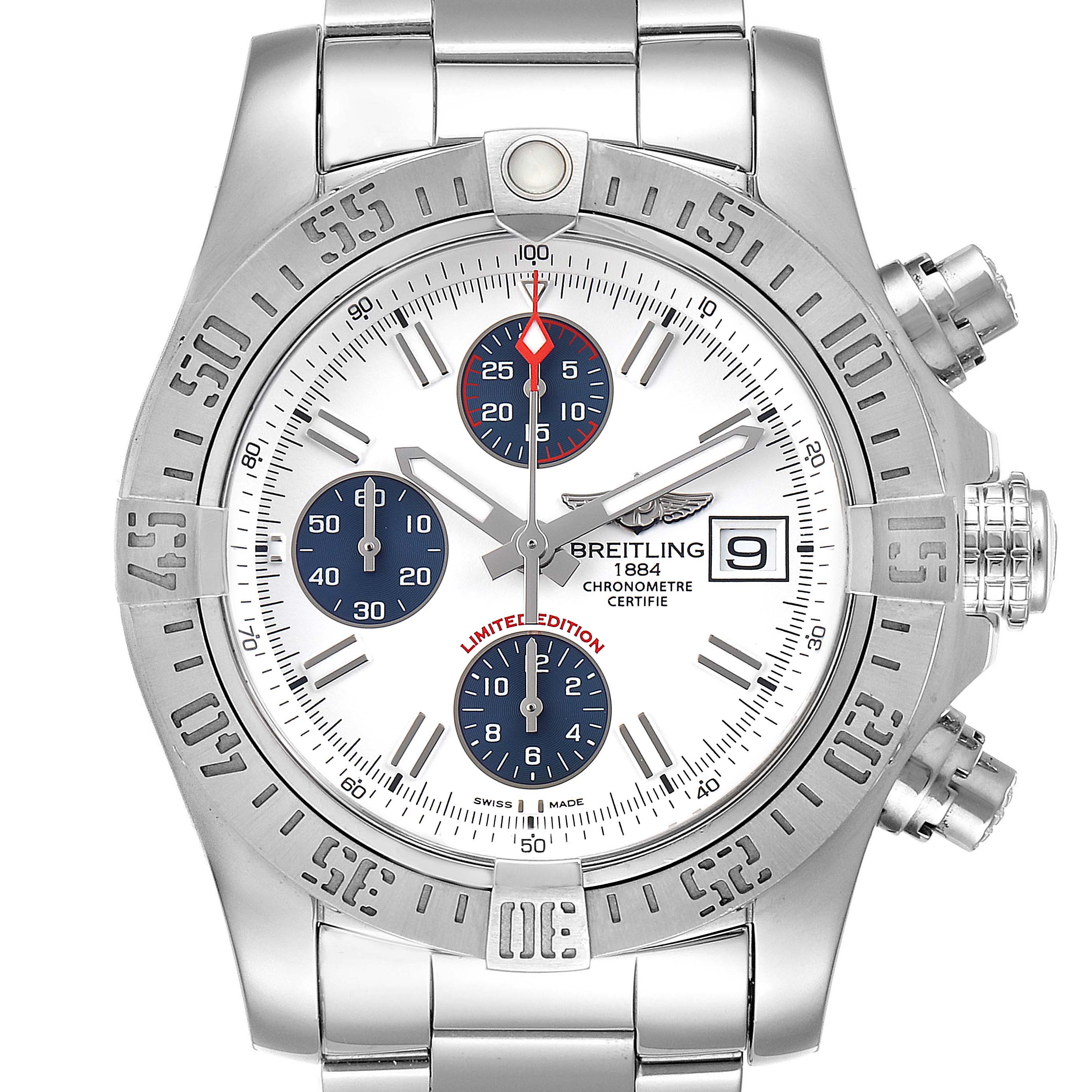 The image shows a front view of the Breitling Avenger A13381 Men's Stainless Steel White Dial A13381 Men's Stainless Steel White Dial watch, highlighting its dial, bezel, chronograph sub-dials, and bracelet.