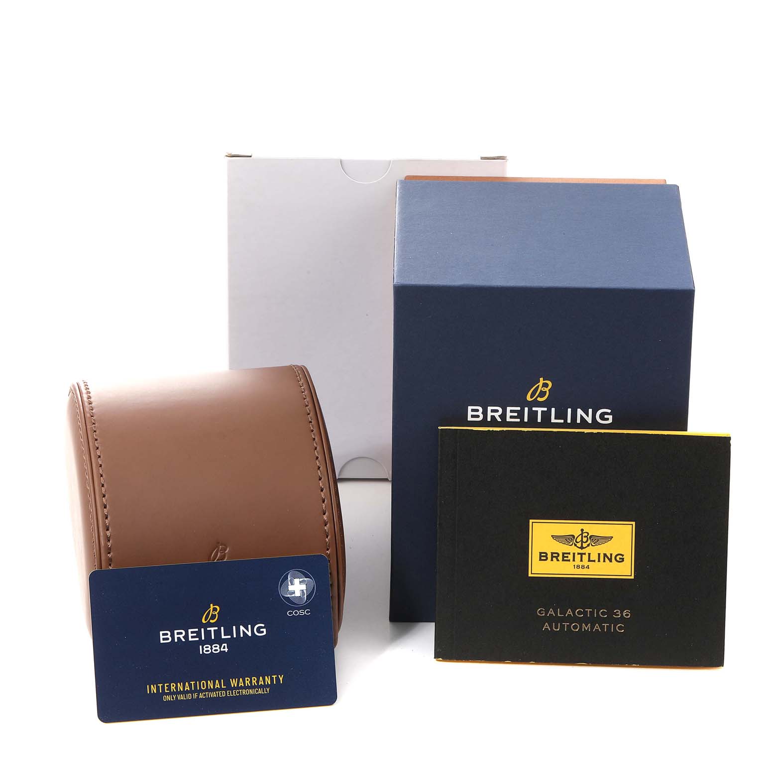 The image shows the packaging, warranty card, and manual for the Breitling A37330 Women
s Stainless Steel Mother of Pearl Dial A37330 Women
s Stainless Steel Mother of Pearl Dial Galactic 36 MOP Dial Diamond Steel Ladies Watch A37330 Unworn model.
