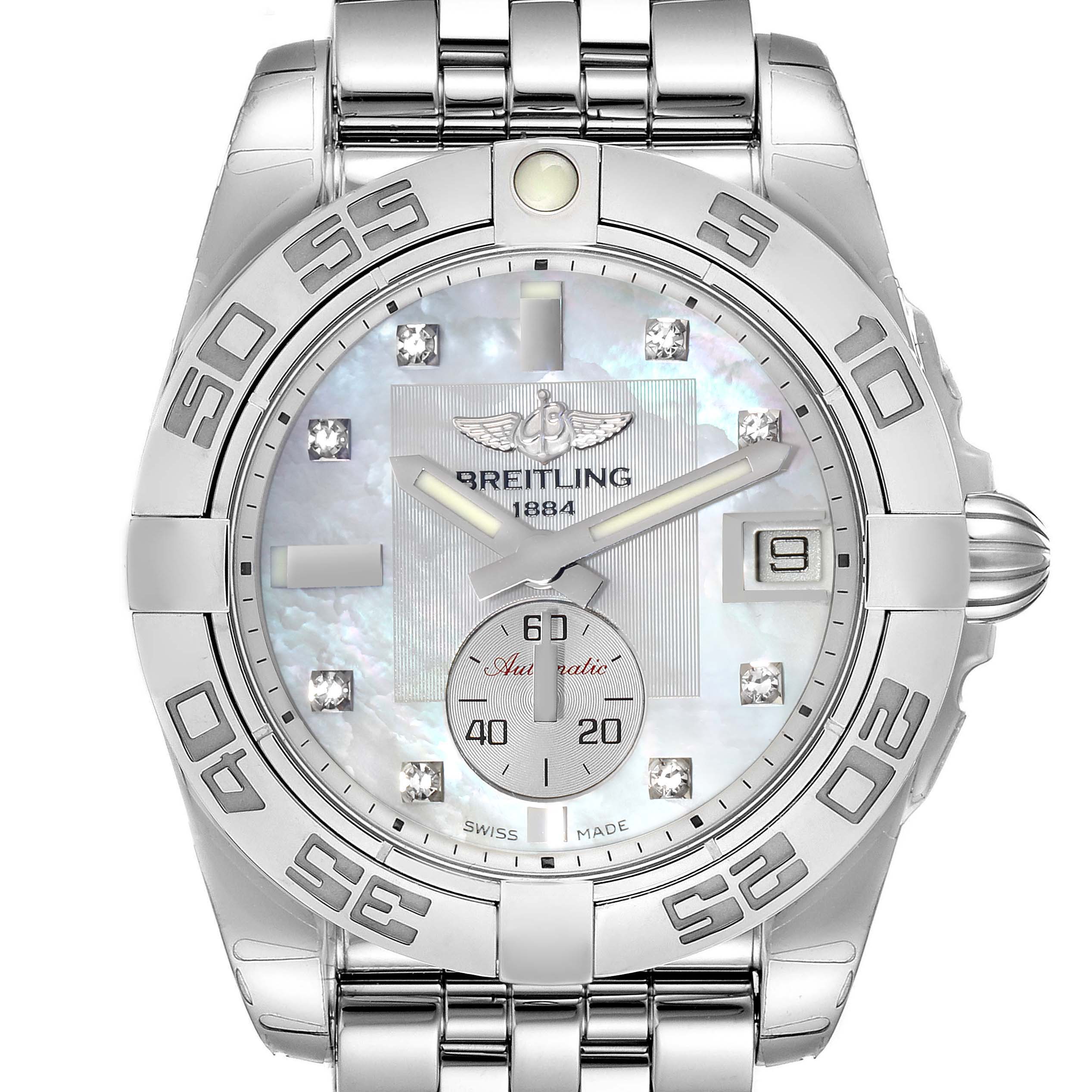 The Breitling A37330 Women
s Stainless Steel Mother of Pearl Dial A37330 Women
s Stainless Steel Mother of Pearl Dial Galactic 36 A37330 watch is shown from a front angle, highlighting its MOP dial, diamond markers, bezel, and bracelet.