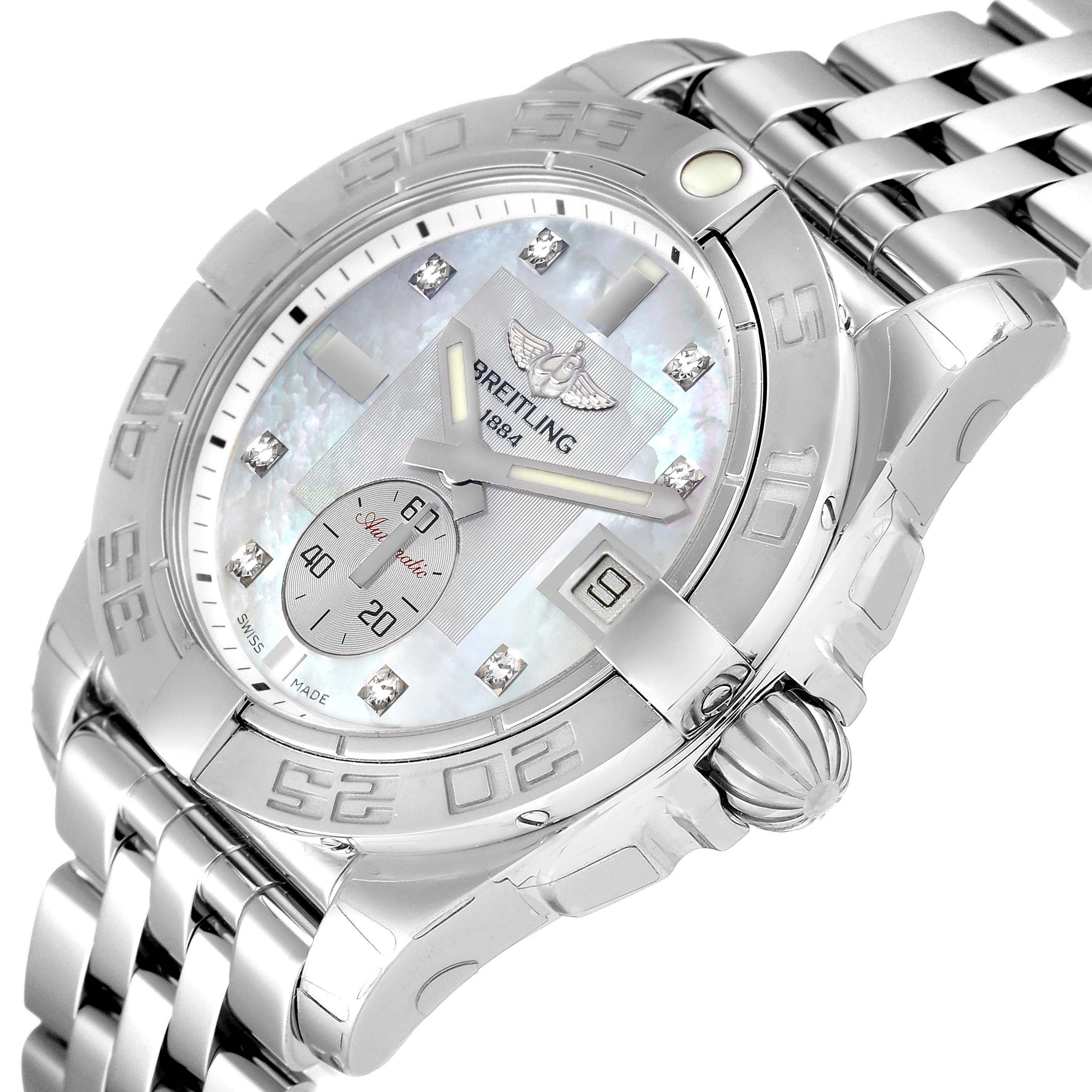 The image shows a close-up of the dial, bezel, and part of the bracelet of the Breitling A37330 Women
s Stainless Steel Mother of Pearl Dial A37330 Women
s Stainless Steel Mother of Pearl Dial Galactic 36 MOP Dial Diamond Steel Ladies Watch A37330.