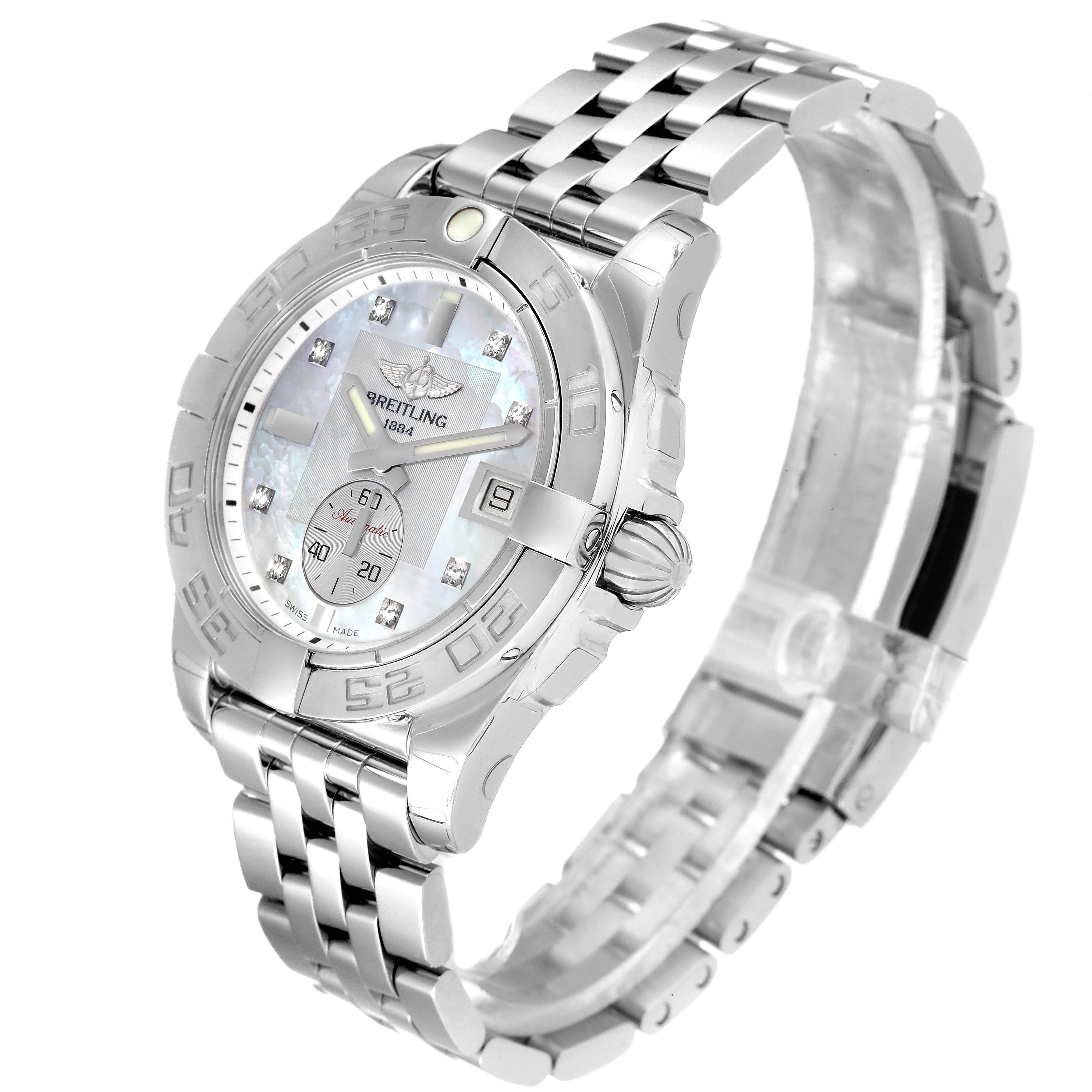 The image shows a Breitling A37330 Women
s Stainless Steel Mother of Pearl Dial A37330 Women
s Stainless Steel Mother of Pearl Dial Galactic 36 MOP Dial Diamond Steel Ladies Watch A37330 at a front angle displaying the dial and bracelet.
