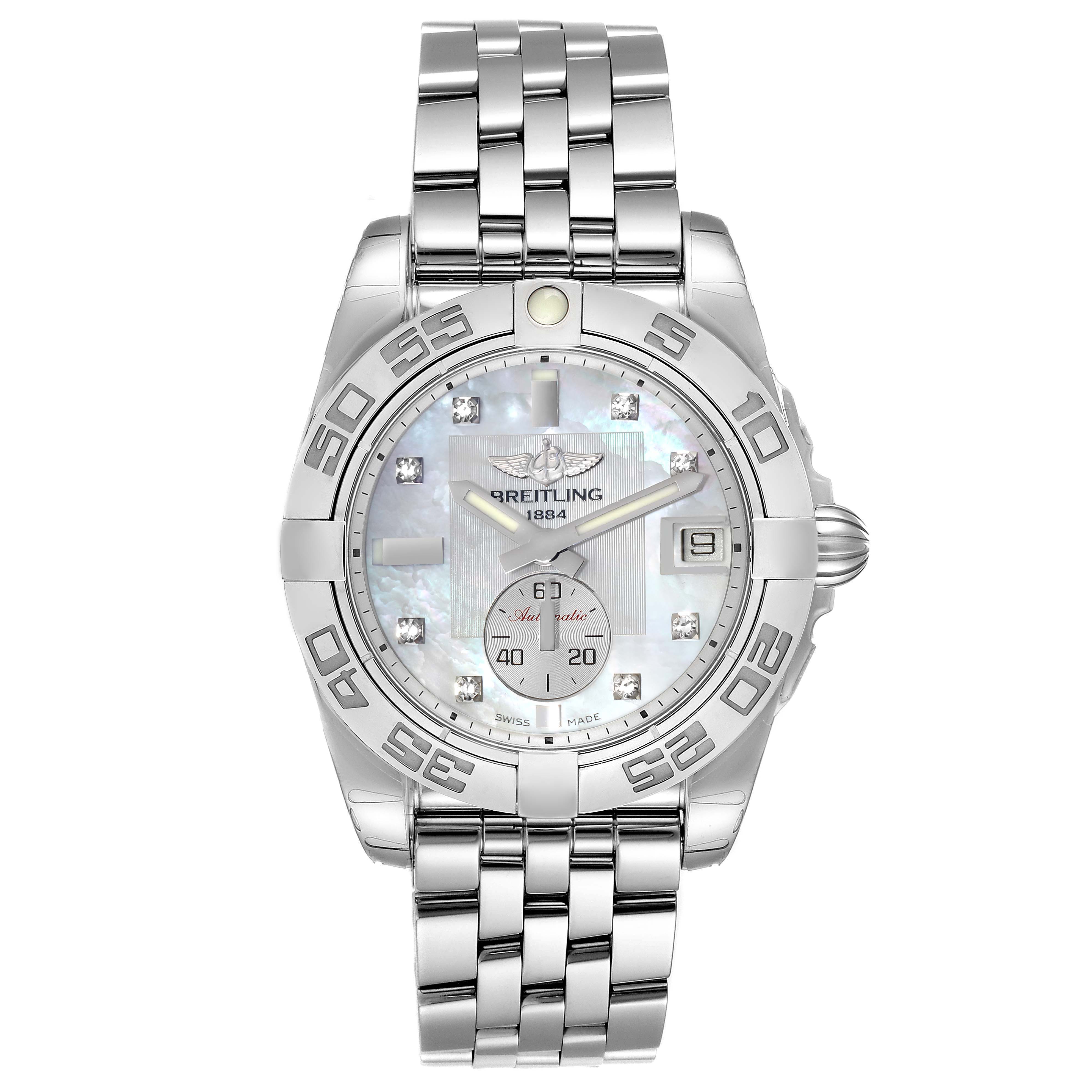 The image shows a front view of the Breitling A37330 Women
s Stainless Steel Mother of Pearl Dial A37330 Women
s Stainless Steel Mother of Pearl Dial Galactic 36 MOP Dial Diamond Steel Ladies Watch A37330, displaying the face, bezel, and bracelet.