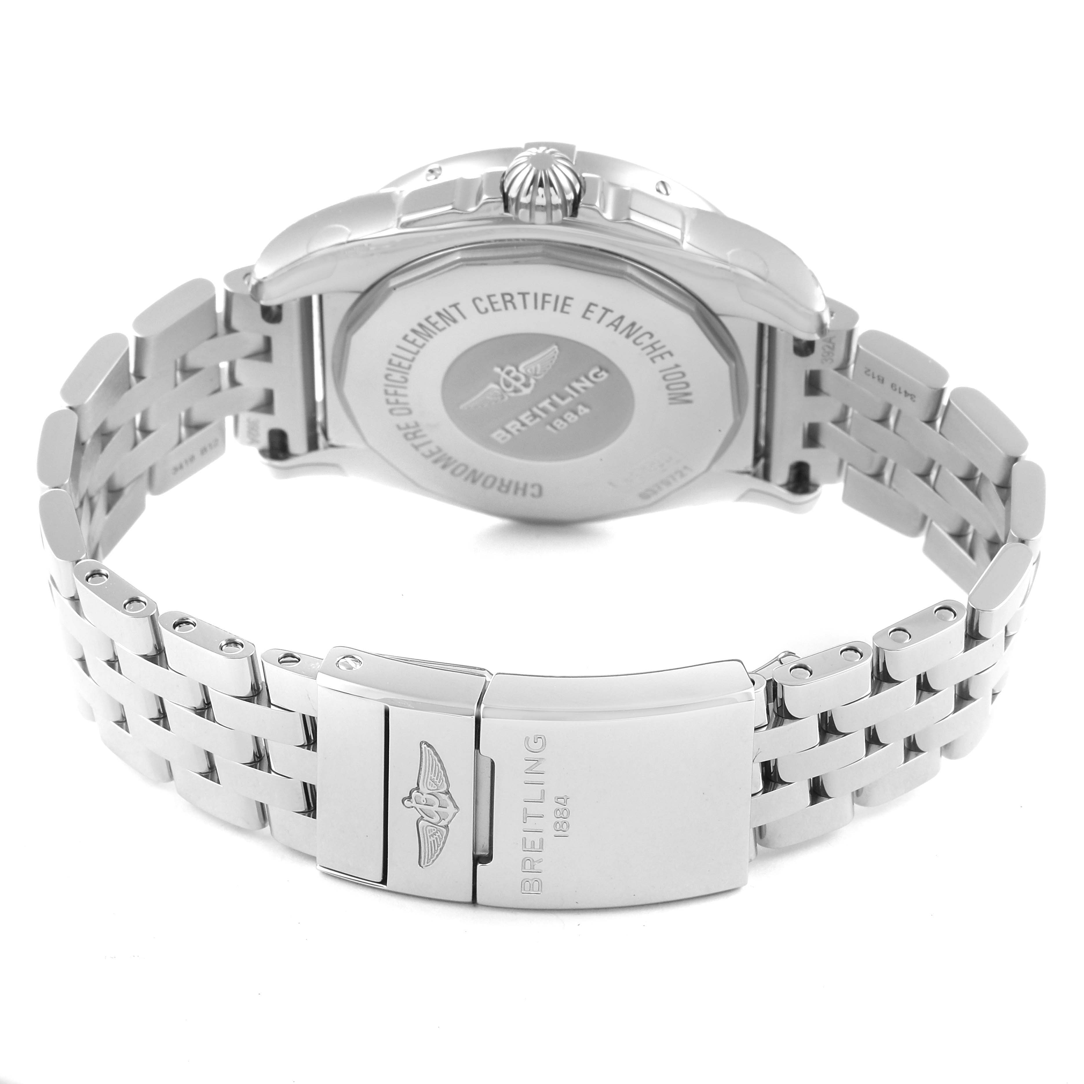 The image shows the back view and clasp of the Breitling A37330 Women
s Stainless Steel Mother of Pearl Dial A37330 Women
s Stainless Steel Mother of Pearl Dial Galactic 36 MOP Dial Diamond Steel Ladies Watch model A37330.