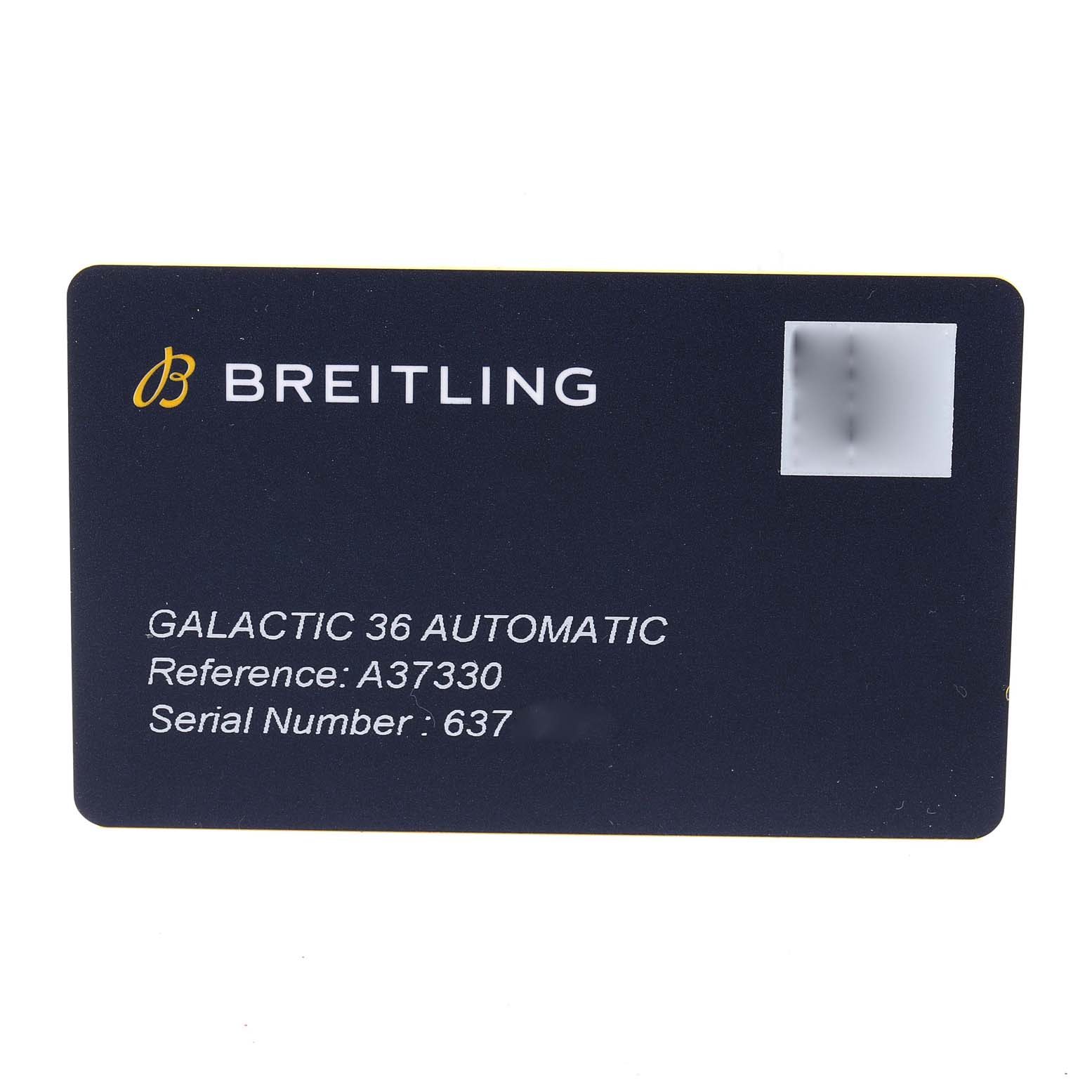 The image shows the warranty card for the Breitling A37330 Women
s Stainless Steel Mother of Pearl Dial A37330 Women
s Stainless Steel Mother of Pearl Dial Galactic 36 A37330 watch.