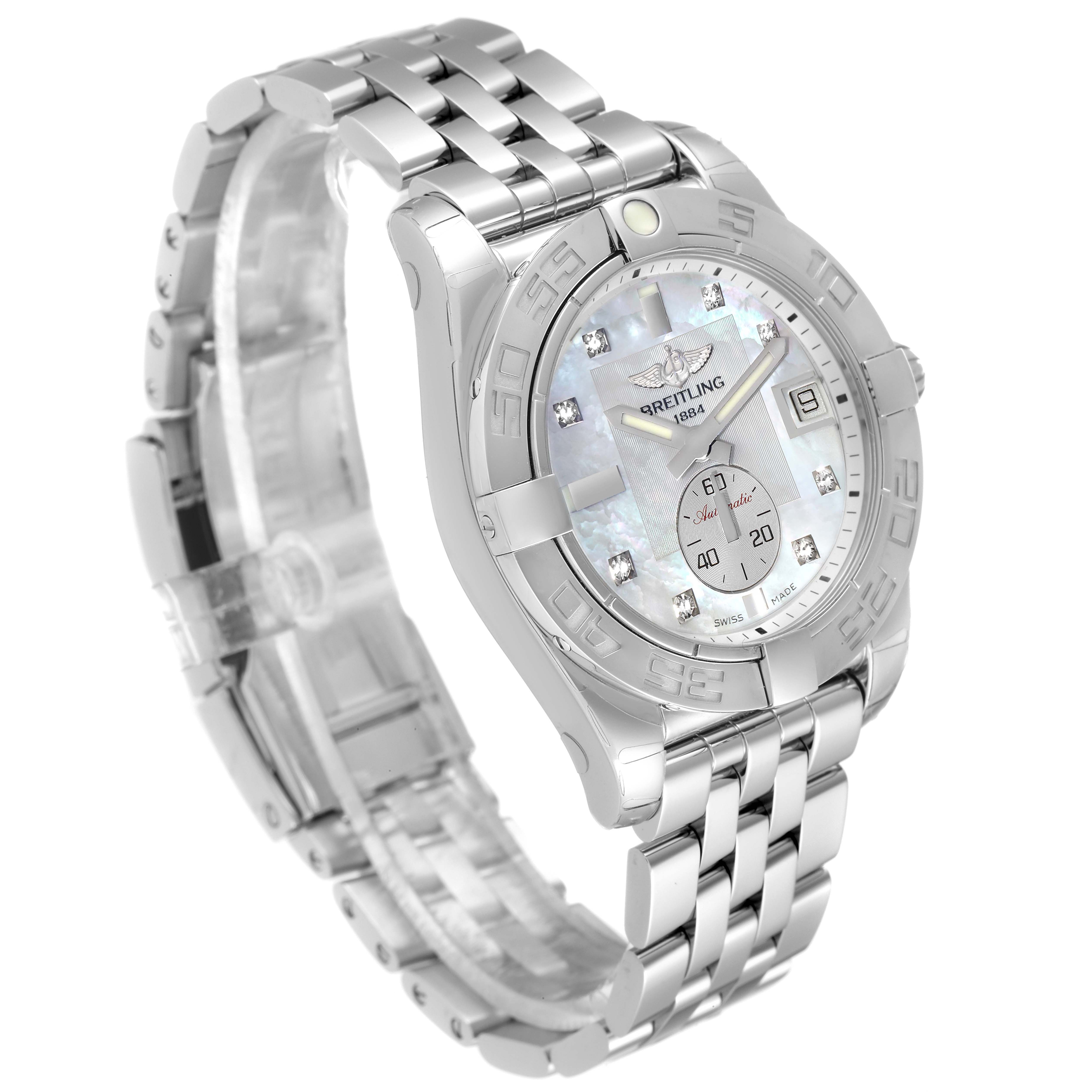 The image shows a side and front angle view of the Breitling A37330 Women
s Stainless Steel Mother of Pearl Dial A37330 Women
s Stainless Steel Mother of Pearl Dial Galactic 36 MOP Dial Diamond Steel Ladies Watch A37330 Unworn model.