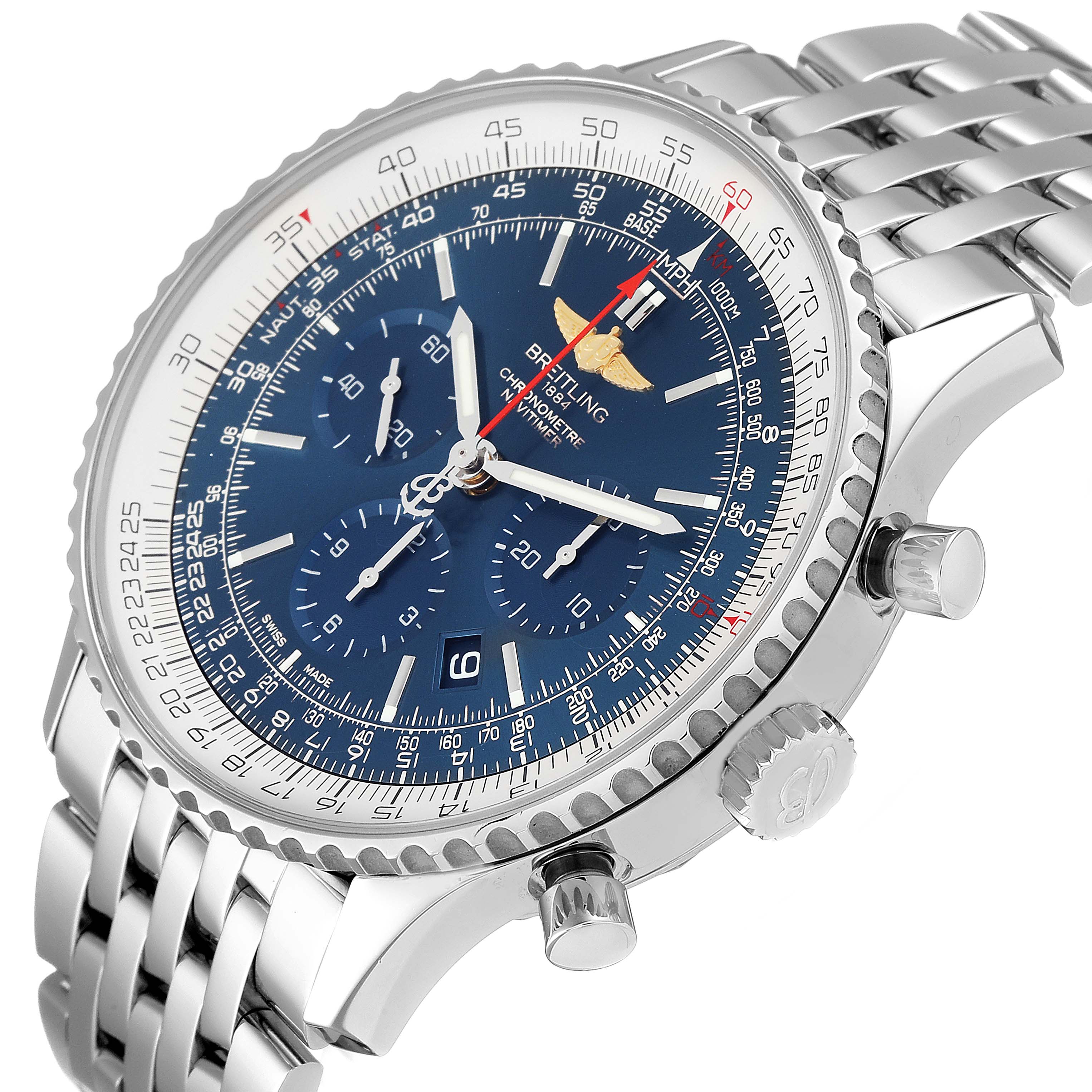 The image shows a Breitling Navitimer AB012721-C889-453A Men's Stainless Steel Blue Dial AB012721-C889-453A Men's Stainless Steel Blue Dial watch at an angled view, displaying the face, bezel, crown, and a portion of the bracelet.