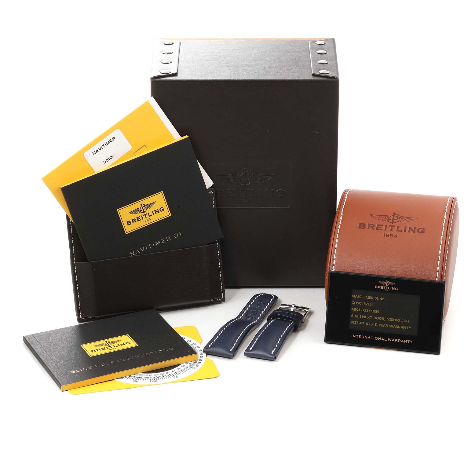 The image shows a Breitling Navitimer AB012721-C889-453A Men's Stainless Steel Blue Dial AB012721-C889-453A Men's Stainless Steel Blue Dial model watch box, warranty card, booklets, and an additional leather strap.