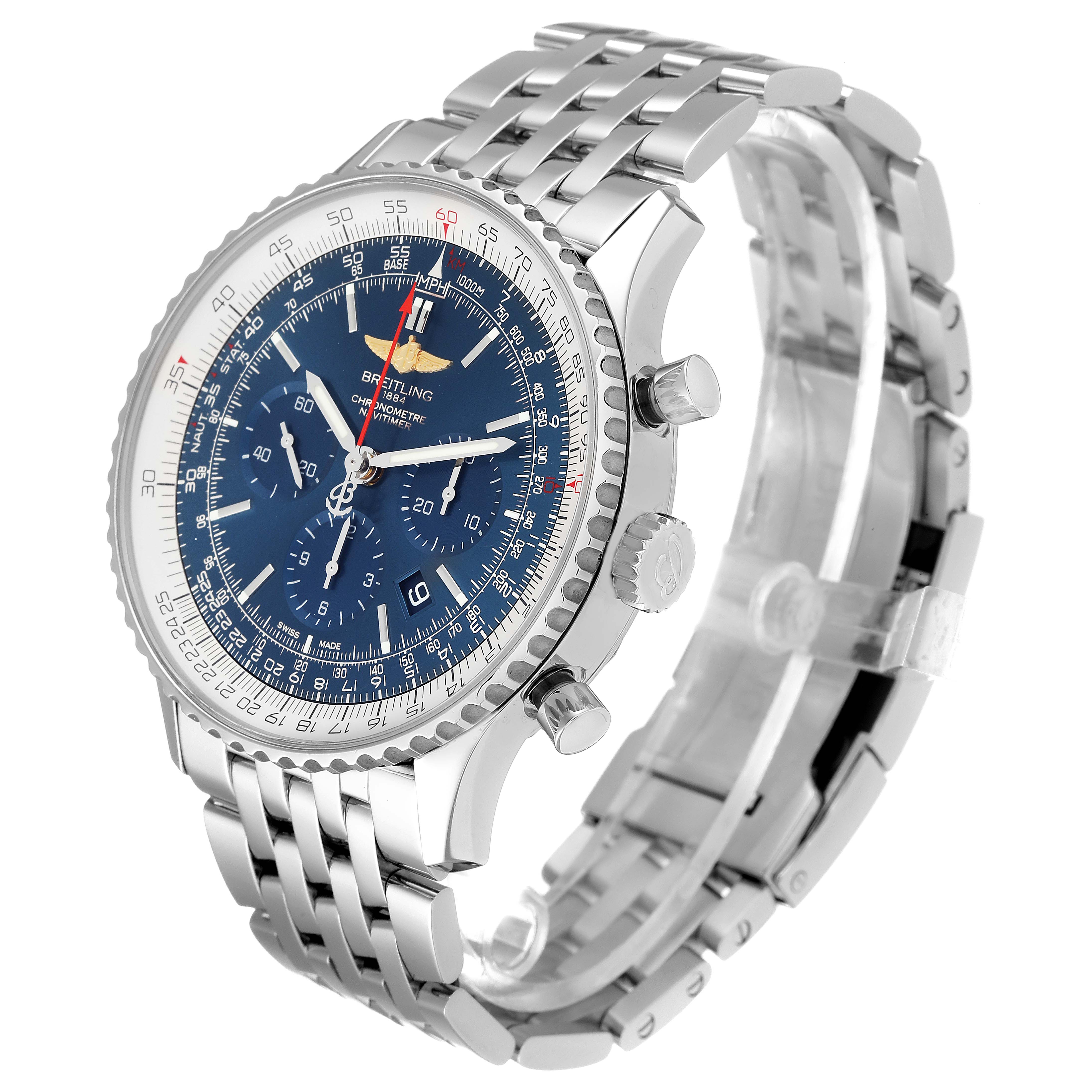 The Breitling Navitimer AB012721-C889-453A Men's Stainless Steel Blue Dial AB012721-C889-453A Men's Stainless Steel Blue Dial watch is shown at an angled side view, displaying its face, bezel, pushers, and metal strap.