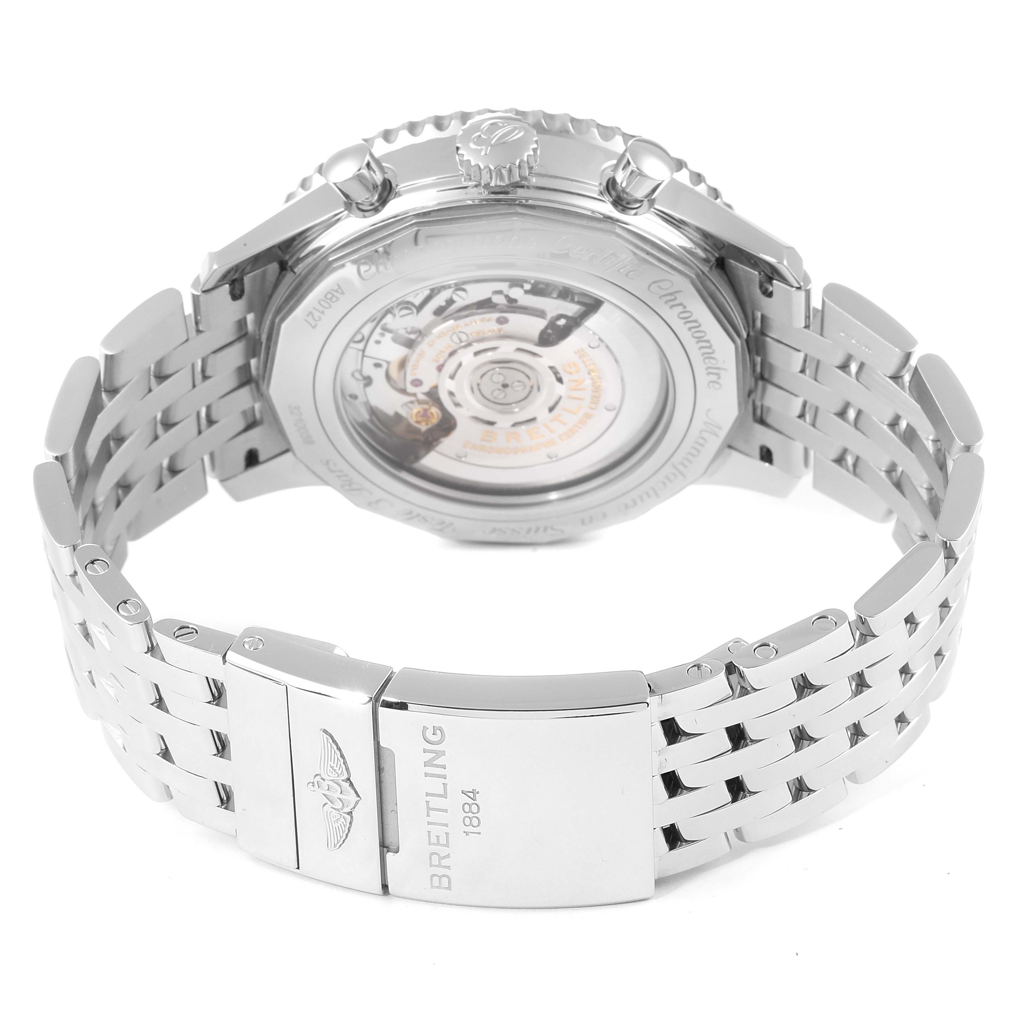 The image shows the back view of a Breitling Navitimer AB012721-C889-453A Men's Stainless Steel Blue Dial AB012721-C889-453A Men's Stainless Steel Blue Dial watch, highlighting its open case back and stainless steel bracelet.