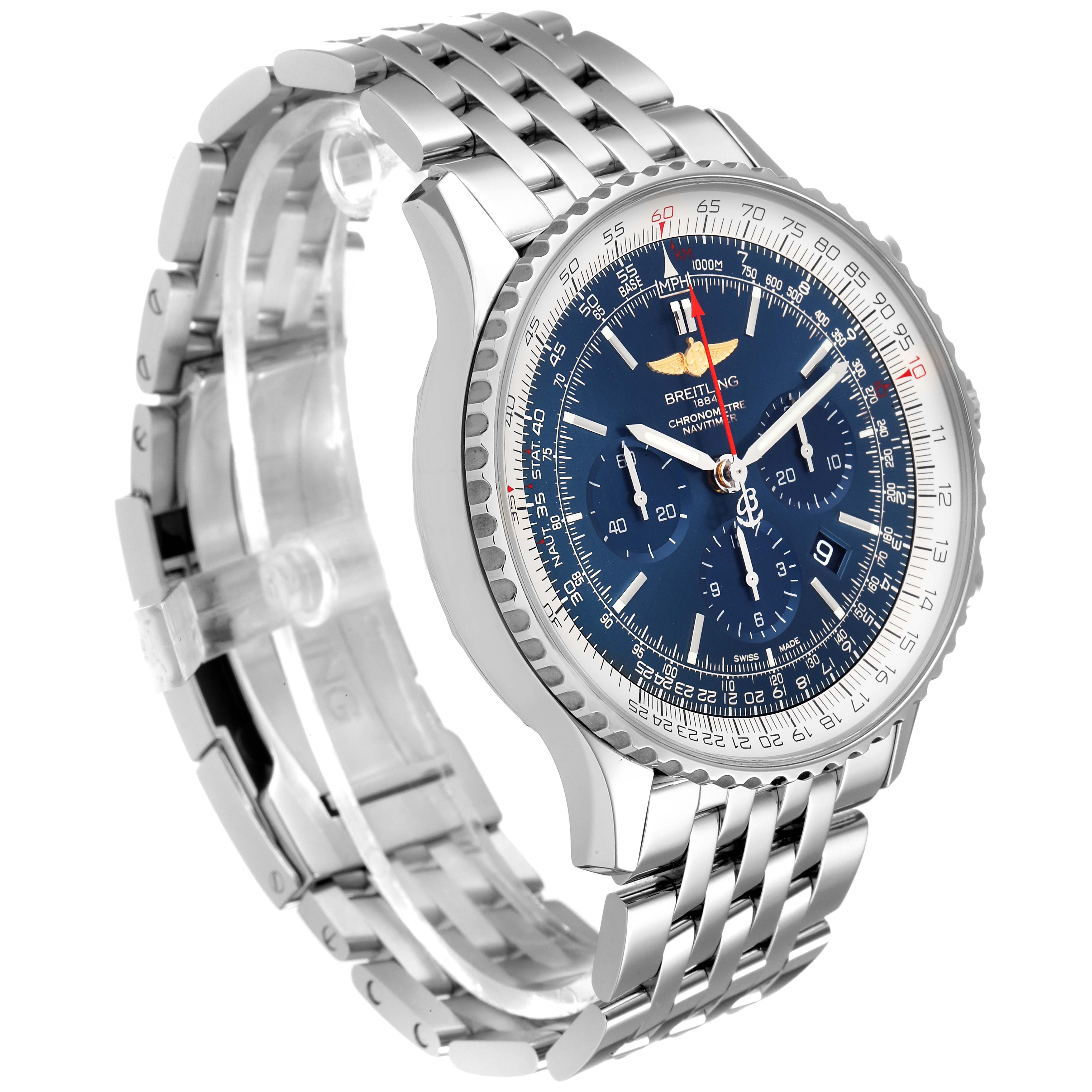 The image shows a Breitling Navitimer AB012721-C889-453A Men's Stainless Steel Blue Dial AB012721-C889-453A Men's Stainless Steel Blue Dial watch, angled to display the face, bezel, and part of the metal bracelet band.