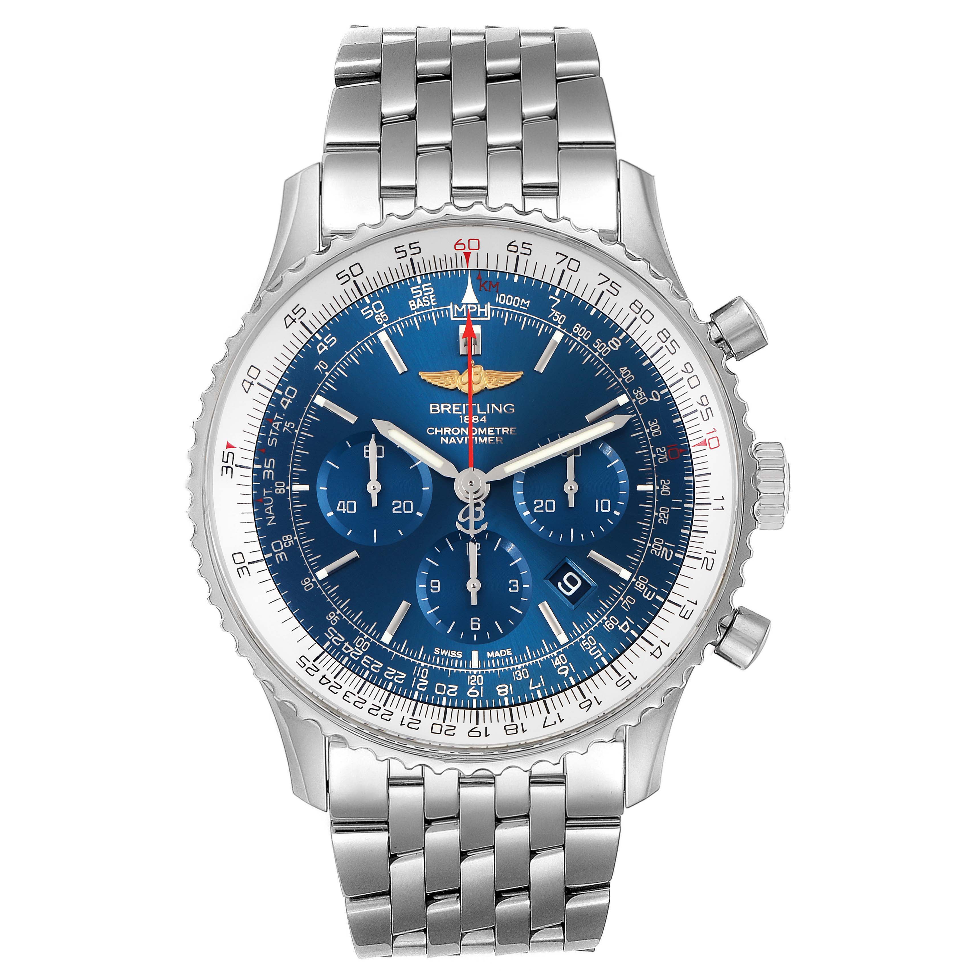 The Breitling Navitimer AB012721-C889-453A Men's Stainless Steel Blue Dial AB012721-C889-453A Men's Stainless Steel Blue Dial watch is shown from the front, displaying its blue dial, subdials, bezel, and metal bracelet.