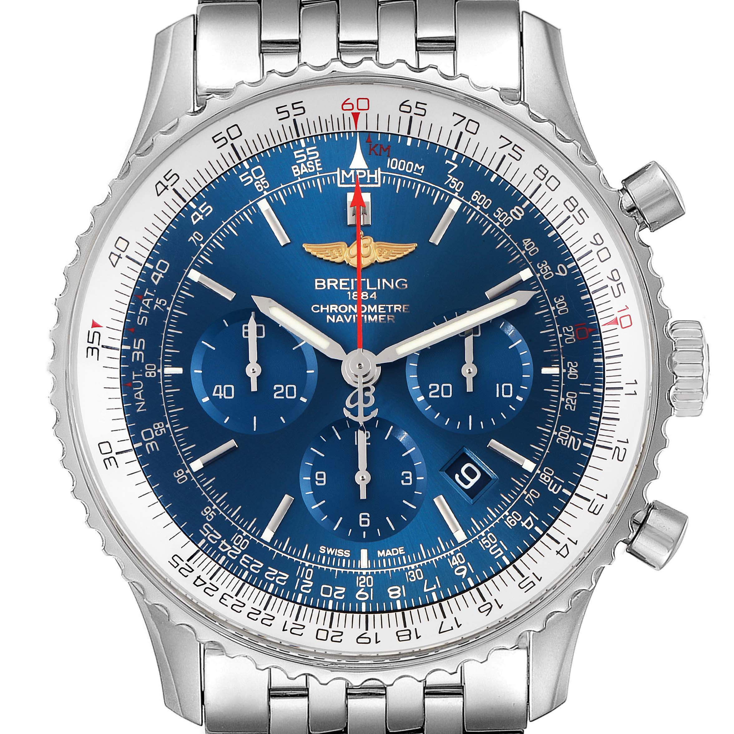 This image shows a front-facing view of a Breitling Navitimer AB012721-C889-453A Men's Stainless Steel Blue Dial AB012721-C889-453A Men's Stainless Steel Blue Dial watch, highlighting the blue dial, subdials, and metal bracelet.