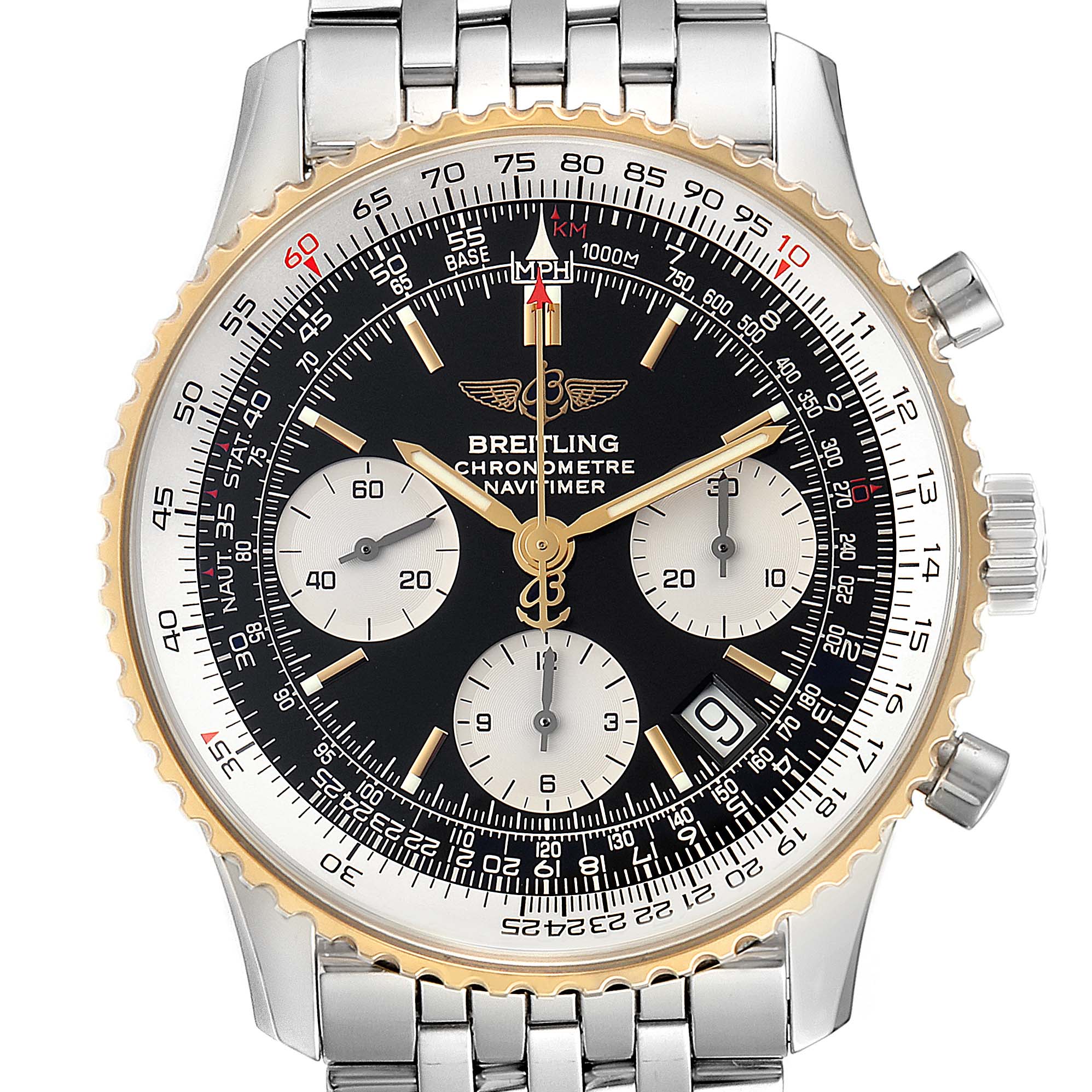The image shows a front view of a Breitling Navitimer D23322 Men's Steel and Gold (two tone) Black Dial D23322 Men's Steel and Gold (two tone) Black Dial watch, displaying the face, bezel, and bracelet links.
