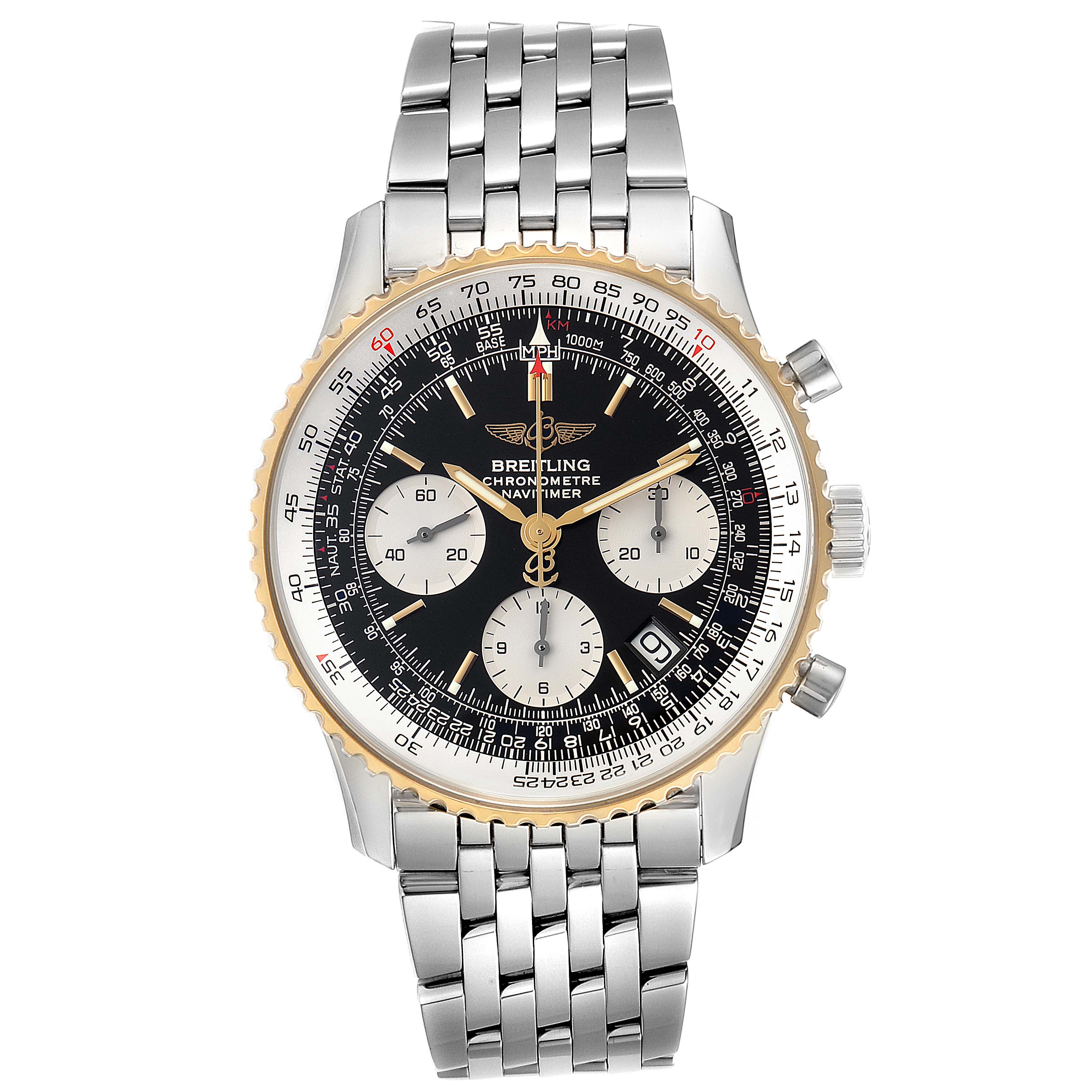 This image shows a front view of a Breitling Navitimer D23322 Men's Steel and Gold (two tone) Black Dial D23322 Men's Steel and Gold (two tone) Black Dial watch, displaying its dial, bezel, and stainless steel bracelet.