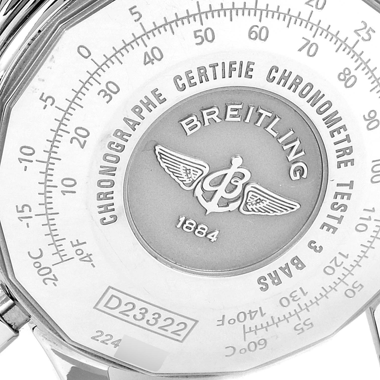 The image shows the back of a Breitling Navitimer D23322 Men's Steel and Gold (two tone) Black Dial D23322 Men's Steel and Gold (two tone) Black Dial watch, displaying the brand logo, model number, text details, and some scale markings.