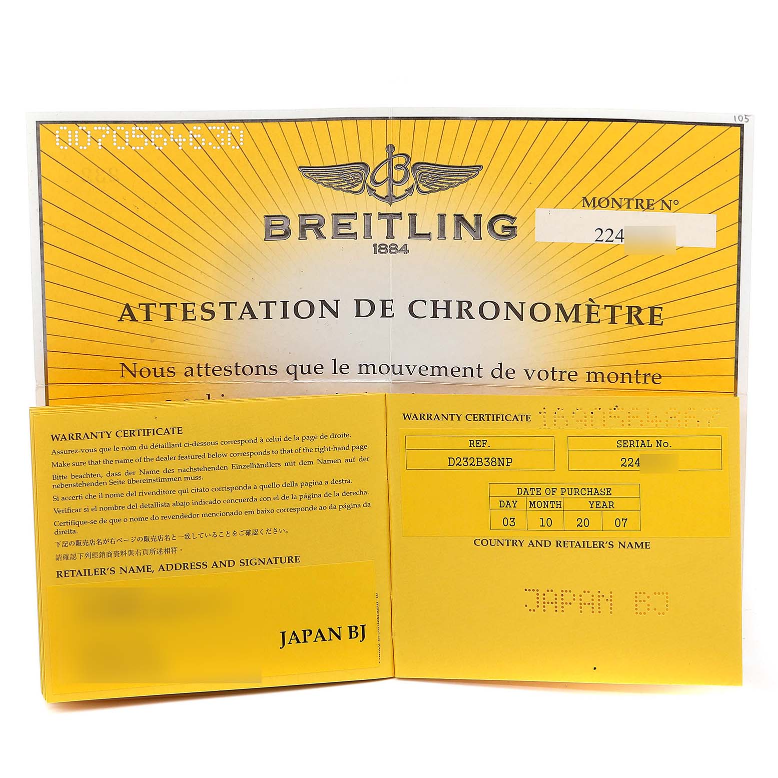 The image shows warranty certificates and chronometer attestation documents for a Breitling Navitimer D23322 Men's Steel and Gold (two tone) Black Dial D23322 Men's Steel and Gold (two tone) Black Dial watch.