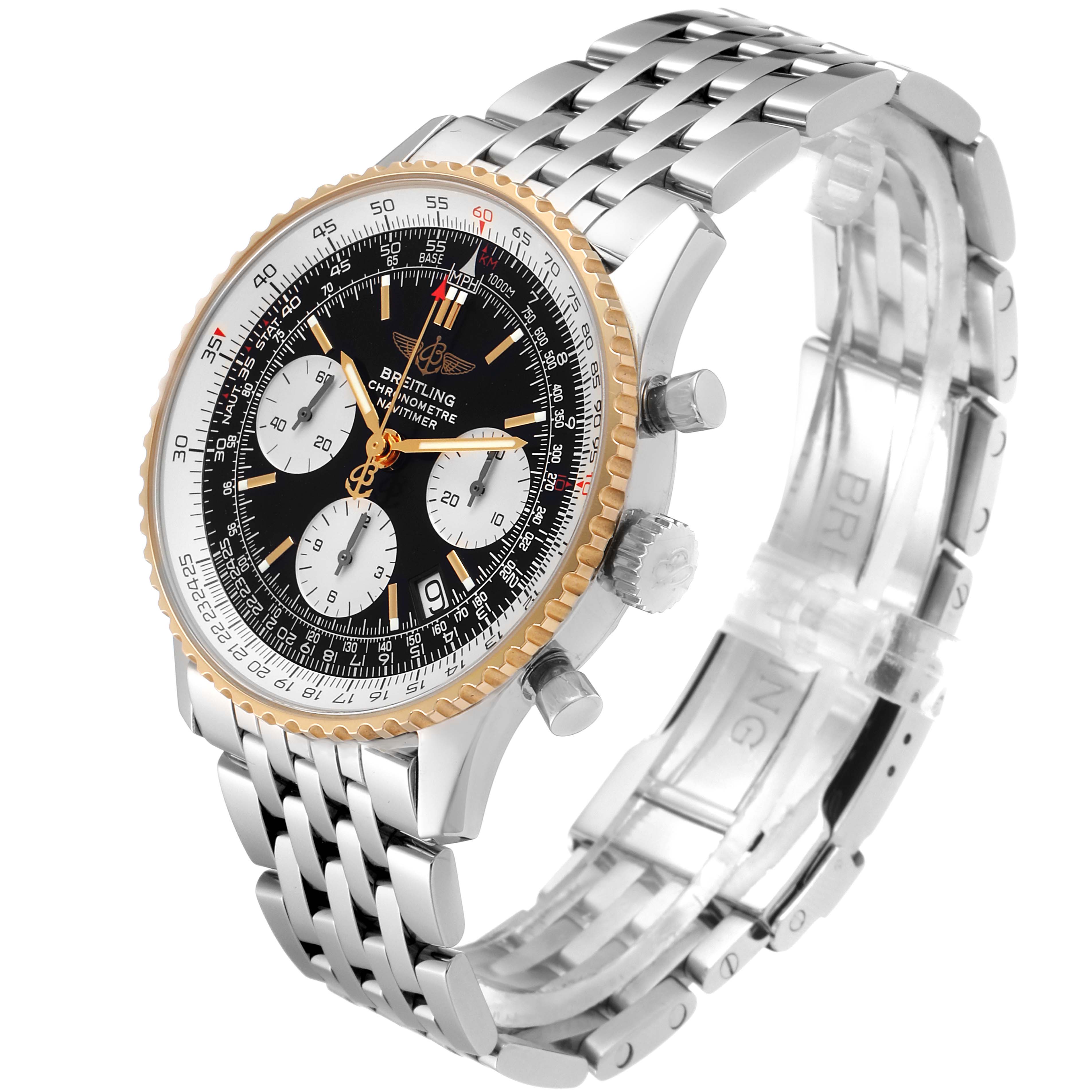 The Breitling Navitimer D23322 Men's Steel and Gold (two tone) Black Dial D23322 Men's Steel and Gold (two tone) Black Dial watch is shown at an angle revealing its face, bezel, crown, and stainless steel bracelet.