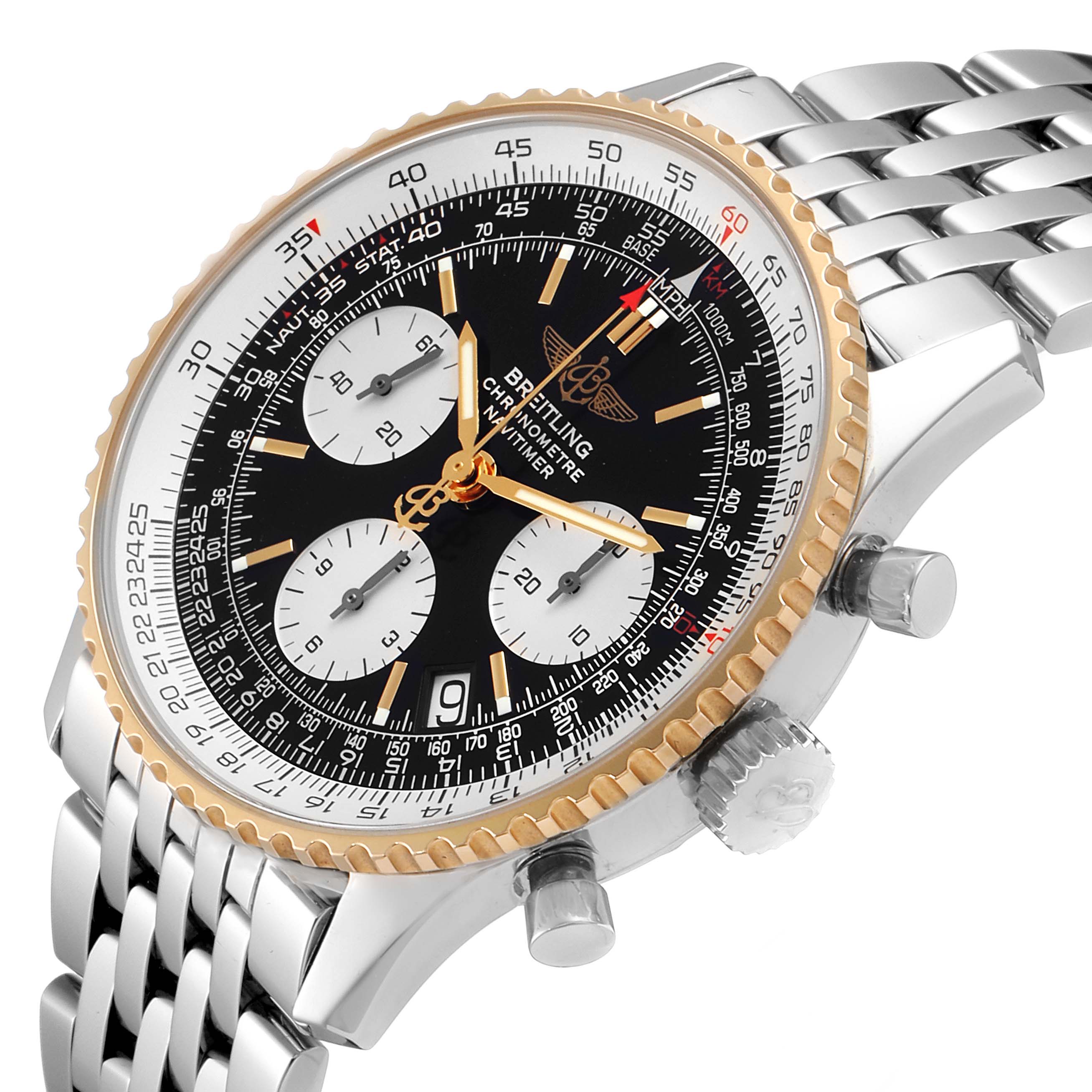 This image shows the Breitling Navitimer D23322 Men's Steel and Gold (two tone) Black Dial D23322 Men's Steel and Gold (two tone) Black Dial watch at an oblique angle, highlighting its face, bezel, crown, pushers, and metal bracelet.