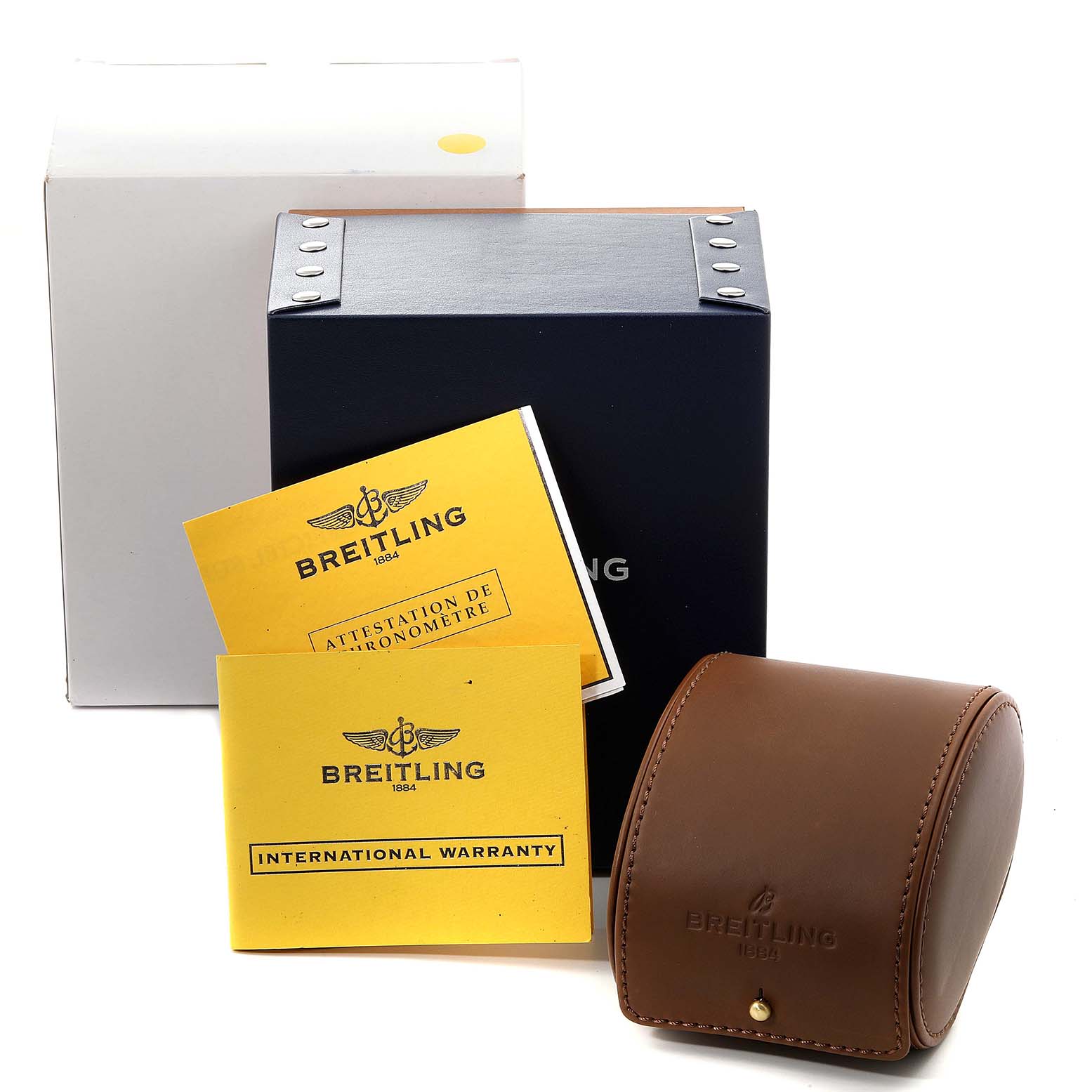 The image shows the packaging box, warranty cards, and leather case for a Breitling Navitimer D23322 Men's Steel and Gold (two tone) Black Dial D23322 Men's Steel and Gold (two tone) Black Dial watch.