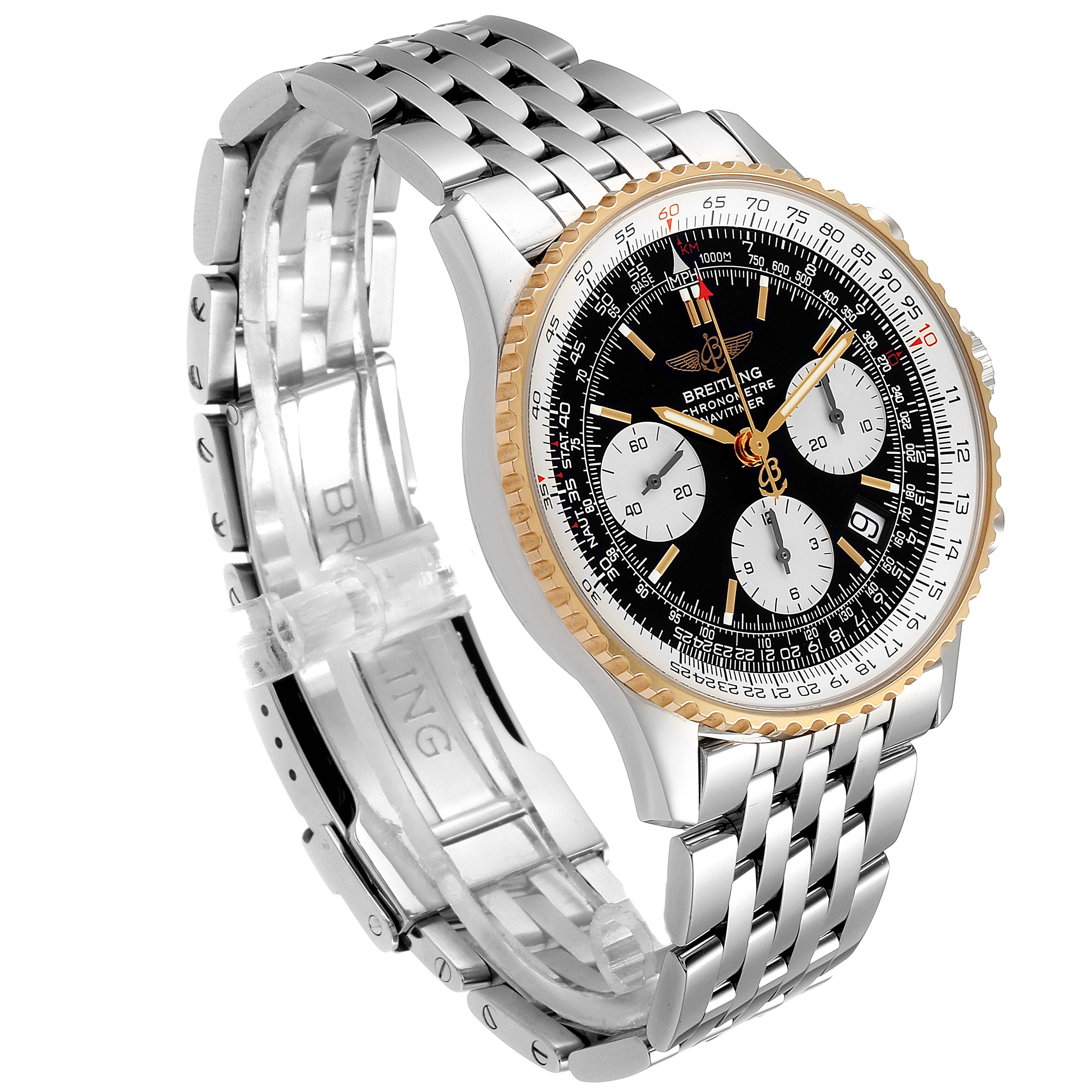 The image shows a side and top view of a Breitling Navitimer D23322 Men's Steel and Gold (two tone) Black Dial D23322 Men's Steel and Gold (two tone) Black Dial watch, highlighting its dial, bezel, and metal bracelet.