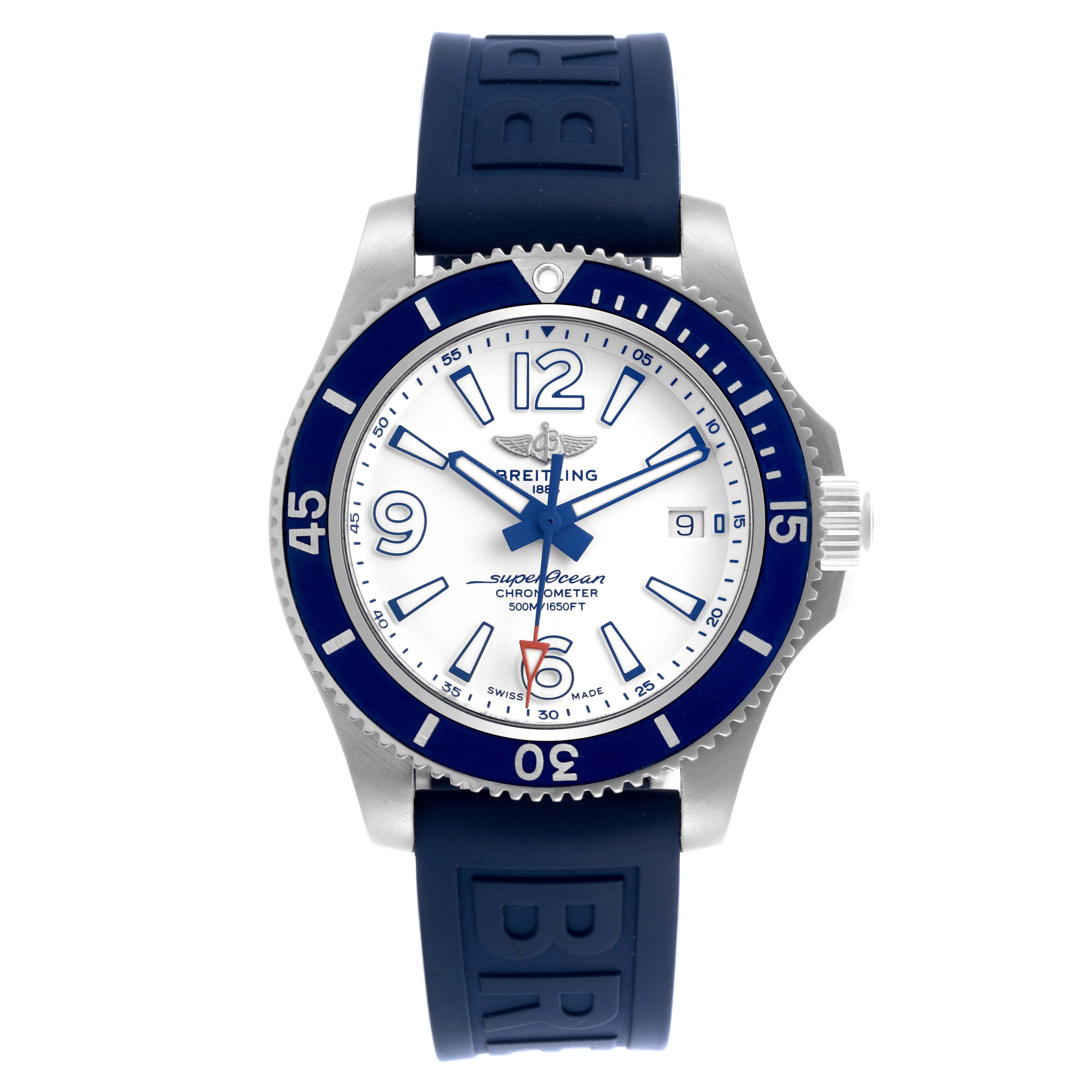 The Breitling Superocean A17366 Men
s Stainless Steel White Dial A17366 Men
s Stainless Steel White Dial watch is shown face-on, highlighting the dial, bezel, and part of the strap.