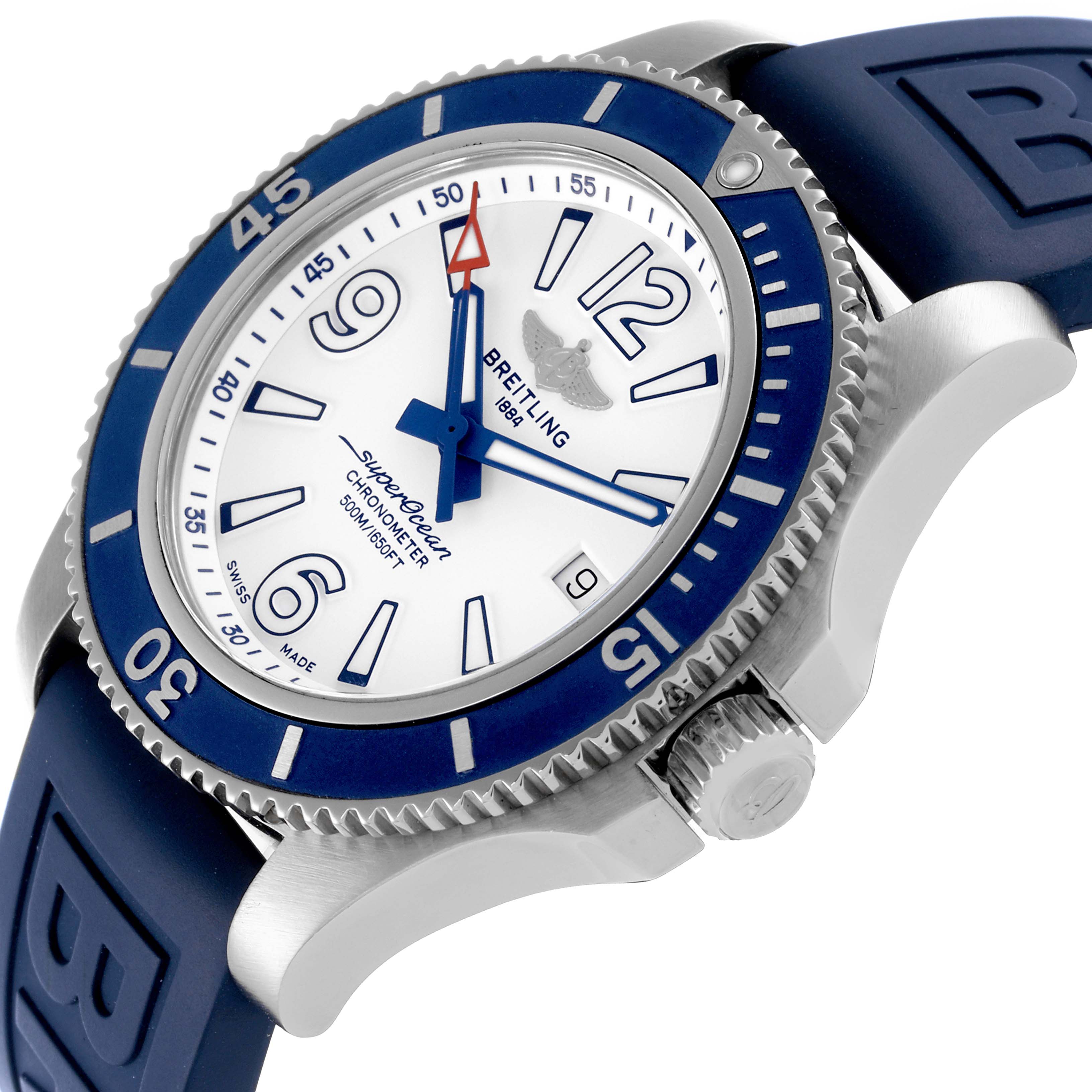 The Breitling Superocean A17366 Men
s Stainless Steel White Dial A17366 Men
s Stainless Steel White Dial watch is shown at an angled view, highlighting the dial, bezel, crown, and part of the blue strap.