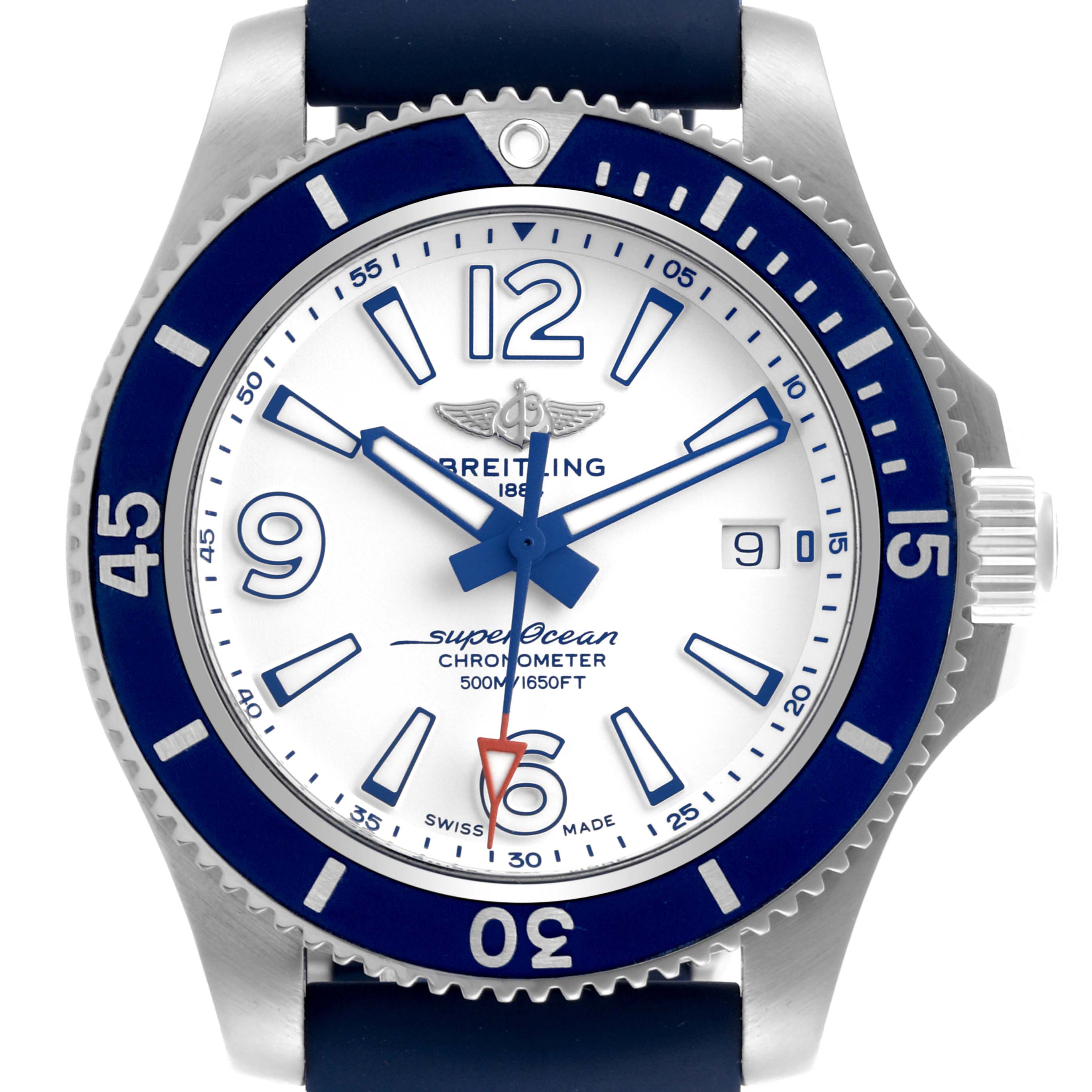 The Breitling Superocean A17366 Men
s Stainless Steel White Dial A17366 Men
s Stainless Steel White Dial watch is shown from a front angle, displaying its dial, bezel, and crown.