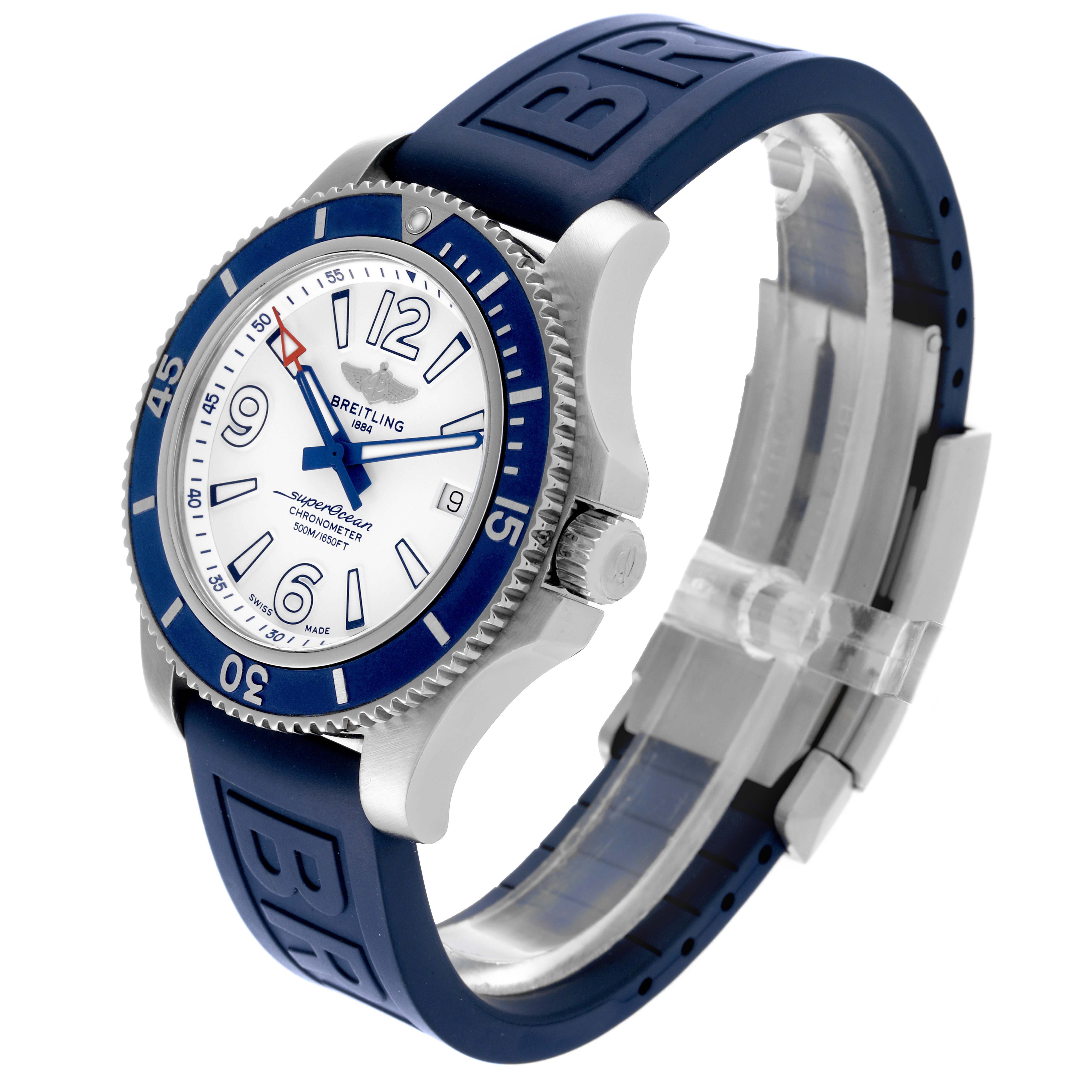 The Breitling Superocean A17366 Men
s Stainless Steel White Dial A17366 Men
s Stainless Steel White Dial watch is shown at a three-quarter angle, highlighting the face, bezel, and blue strap.