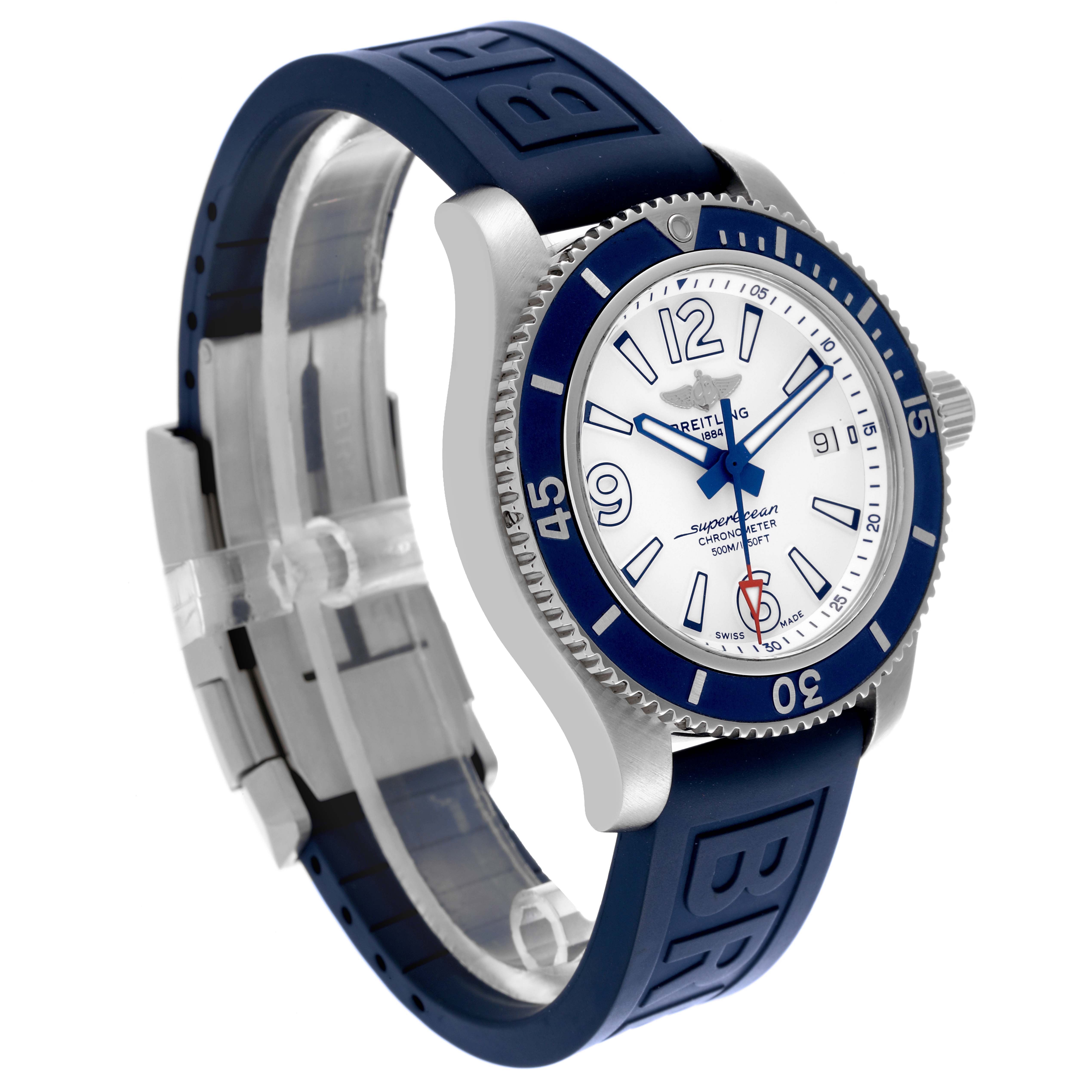 The Breitling Superocean A17366 Men
s Stainless Steel White Dial A17366 Men
s Stainless Steel White Dial watch is shown from a front-side angle, displaying the bezel, dial, and strap.