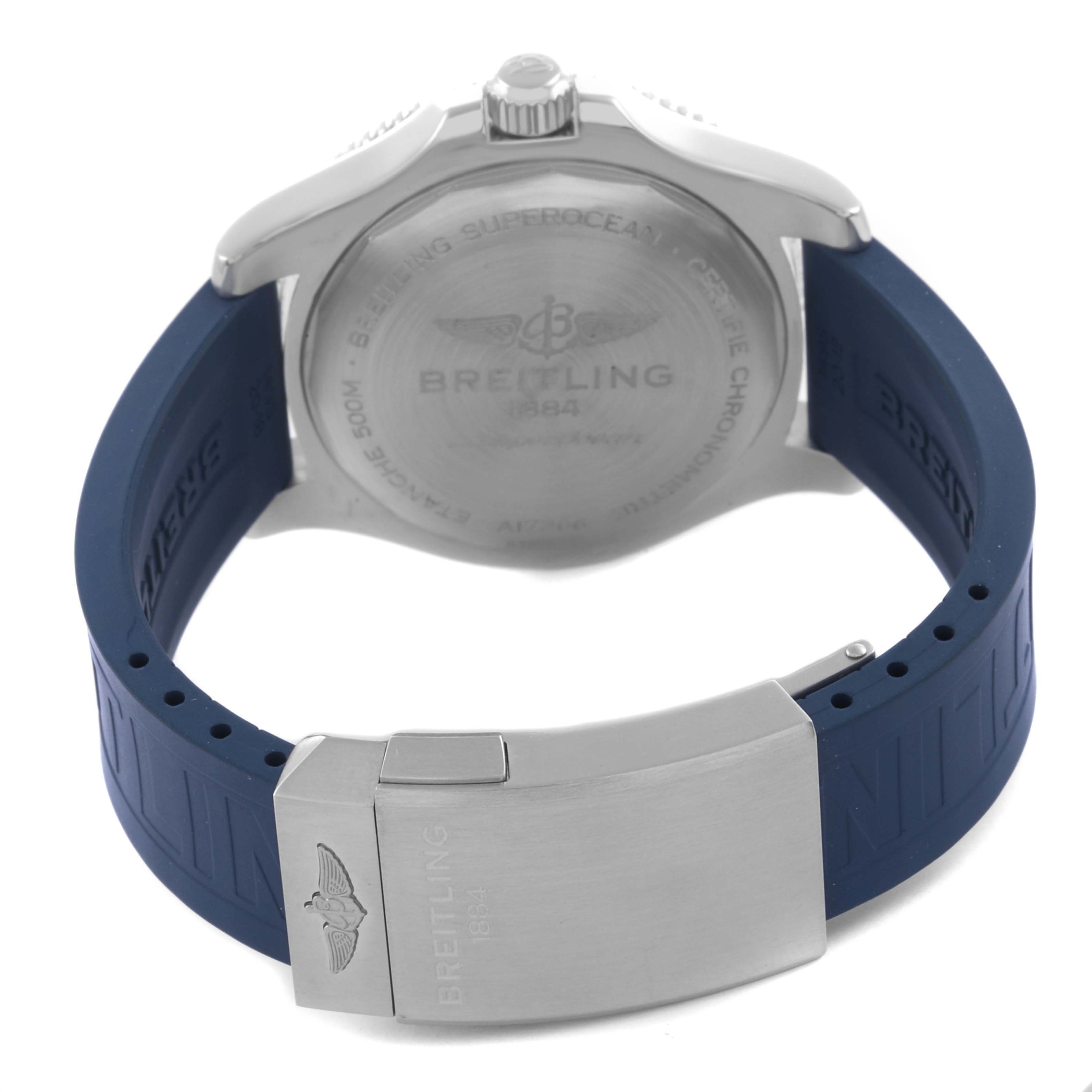 The image shows the back case and clasp of the Breitling Superocean A17366 Men
s Stainless Steel White Dial A17366 Men
s Stainless Steel White Dial watch at a rear angle.