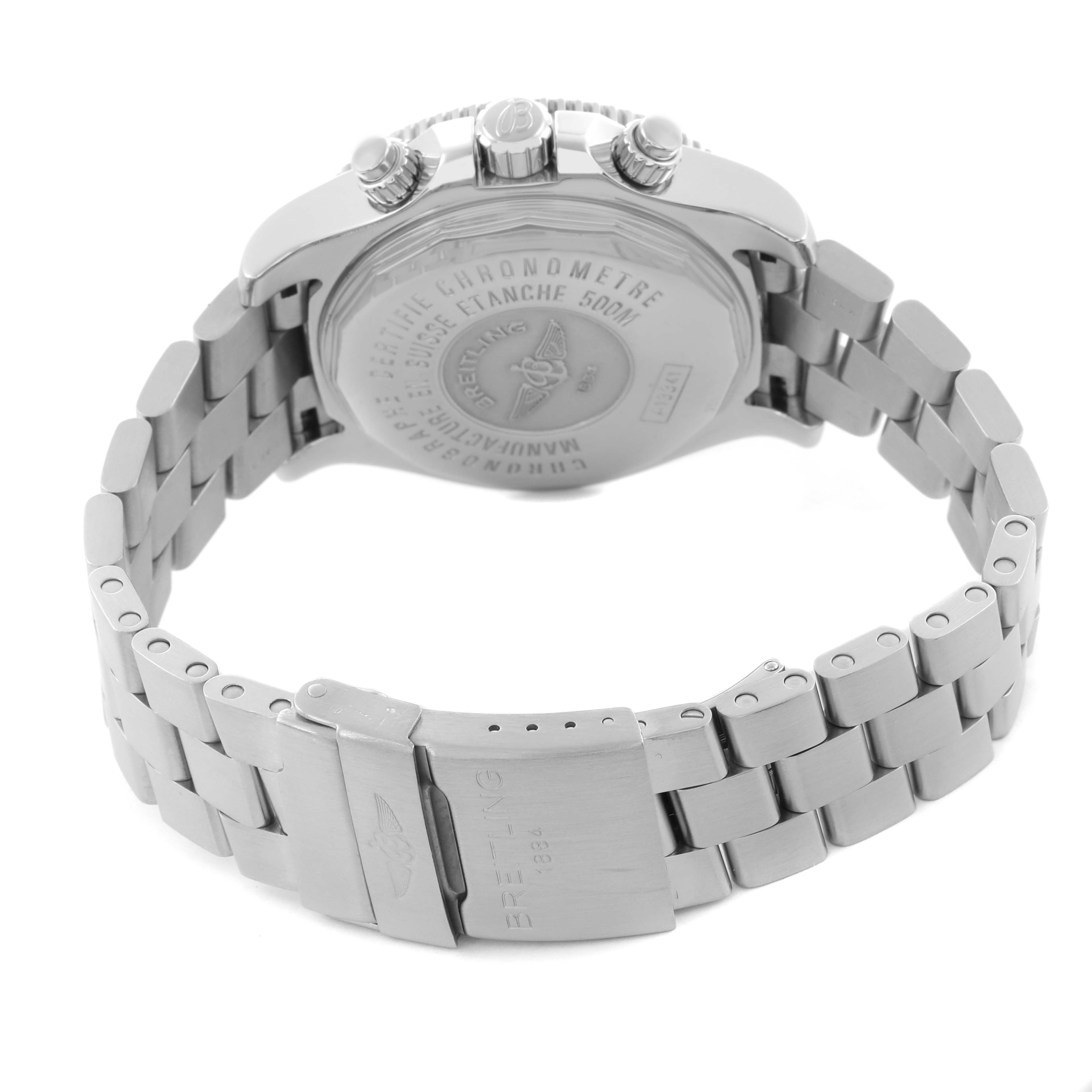 The Breitling Superocean A1334102/BA85 Men's Stainless Steel Black Dial A1334102/BA85 Men's Stainless Steel Black Dial watch is shown from the back, displaying the case back, bracelet, and clasp.