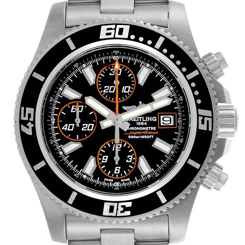 The Breitling Superocean watch is shown front-on, highlighting its bezel, dial, and chronograph features.