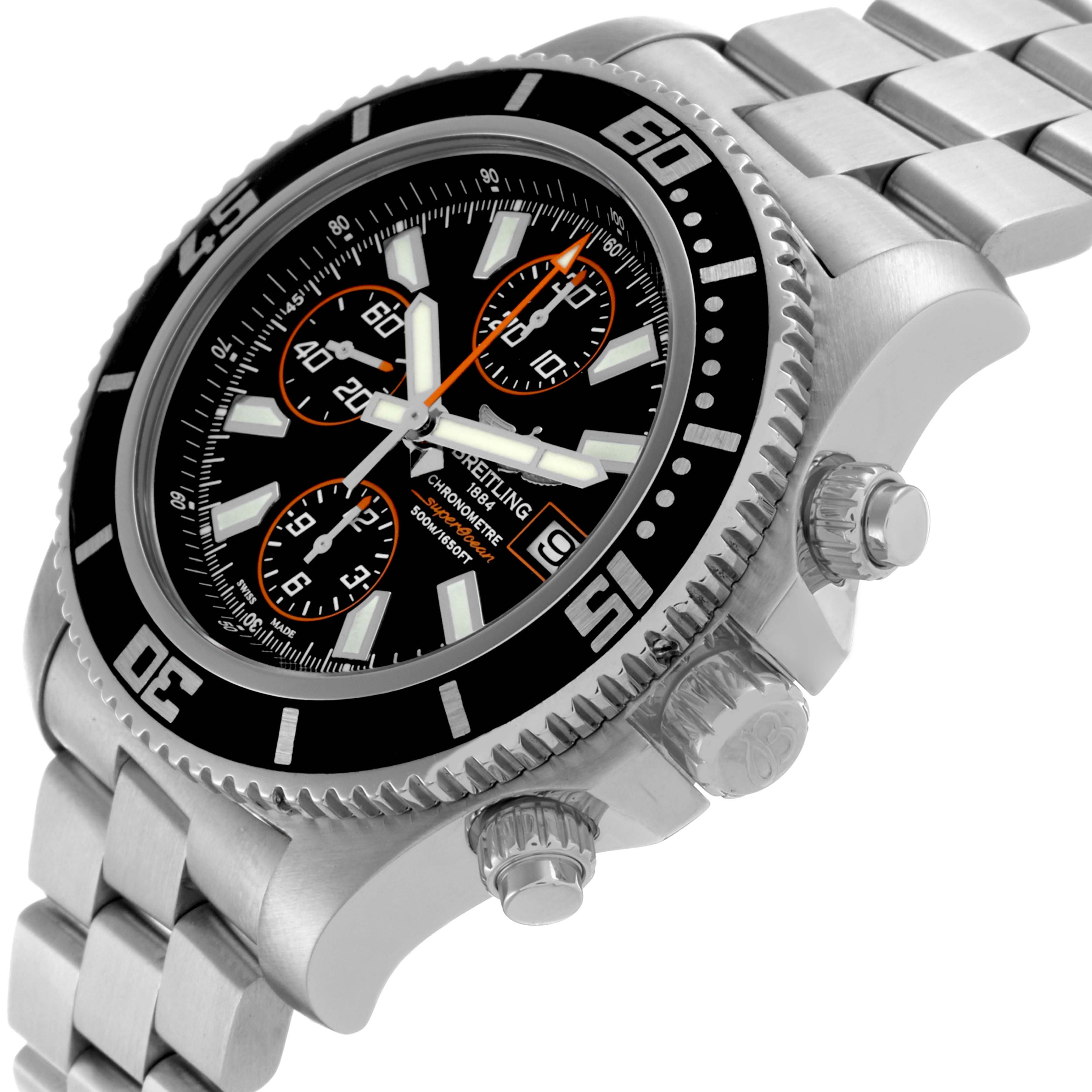 The Breitling Superocean A1334102/BA85 Men's Stainless Steel Black Dial A1334102/BA85 Men's Stainless Steel Black Dial model is shown from a side angle, highlighting the bezel, dial, crown, and metal bracelet.