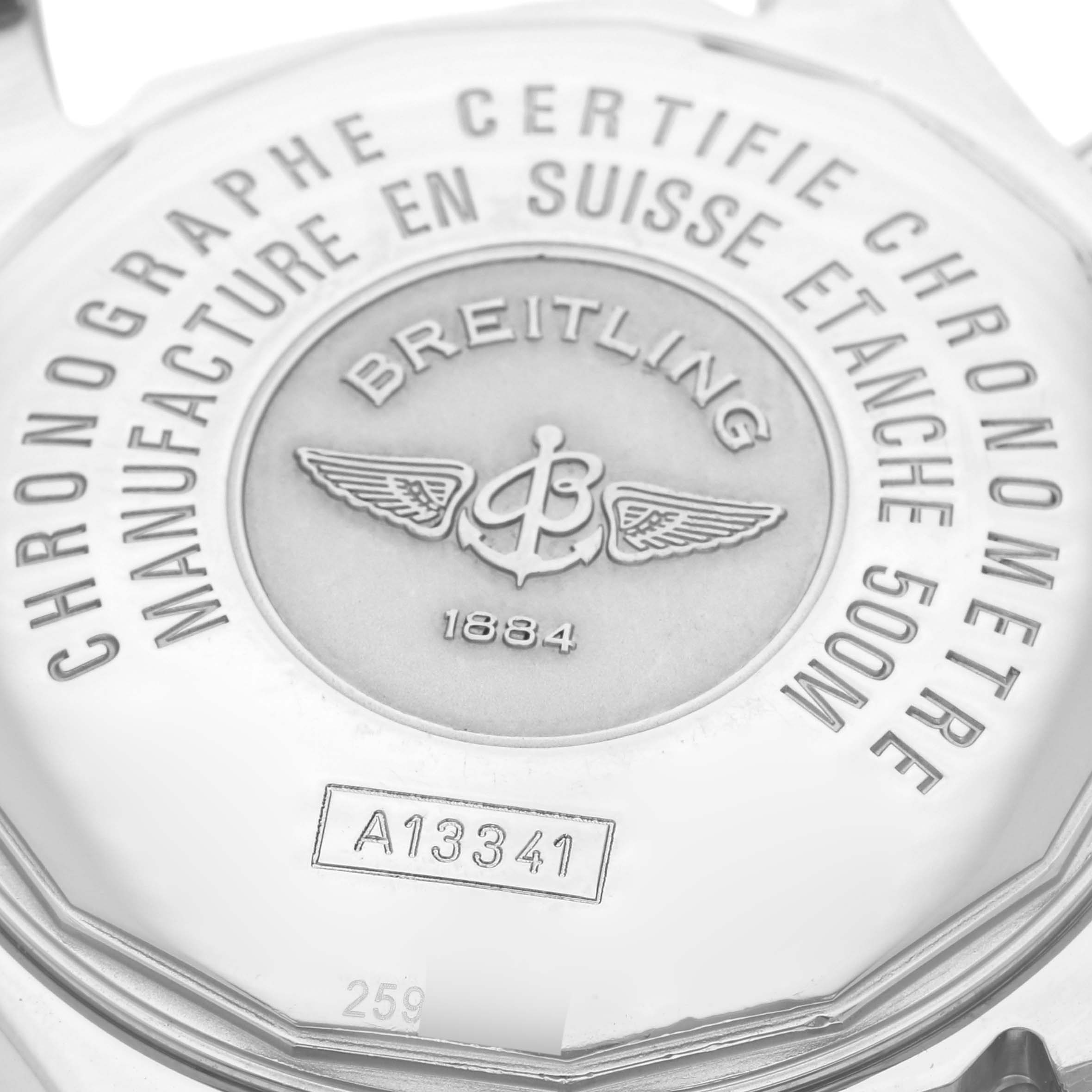 The image shows the case back of the Breitling Superocean A1334102/BA85 Men's Stainless Steel Black Dial A1334102/BA85 Men's Stainless Steel Black Dial, highlighting the brand's engraving and model number A13341.