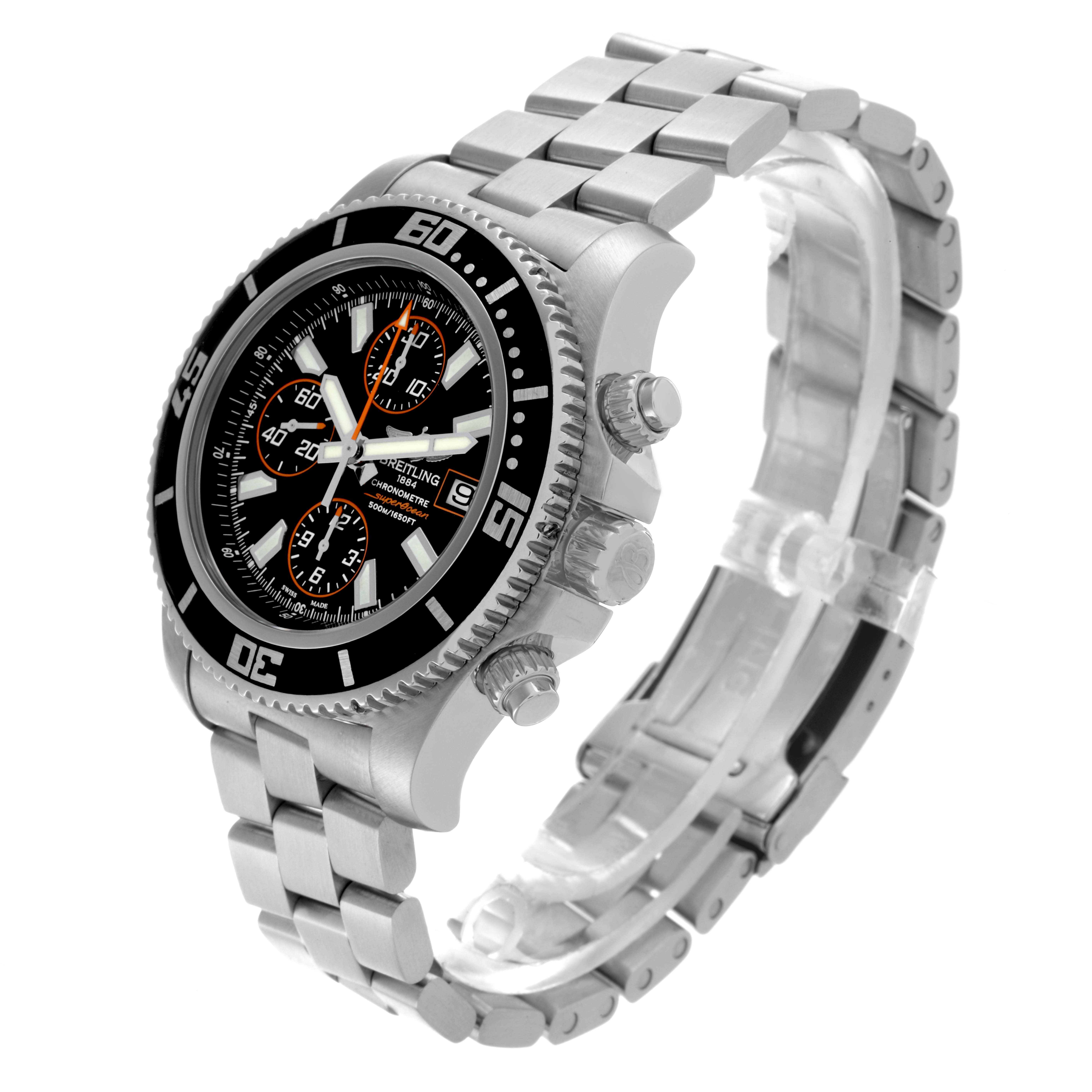 The Breitling Superocean A1334102/BA85 Men's Stainless Steel Black Dial A1334102/BA85 Men's Stainless Steel Black Dial watch is shown at a three-quarter angle, highlighting the bezel, face, crown, and bracelet.