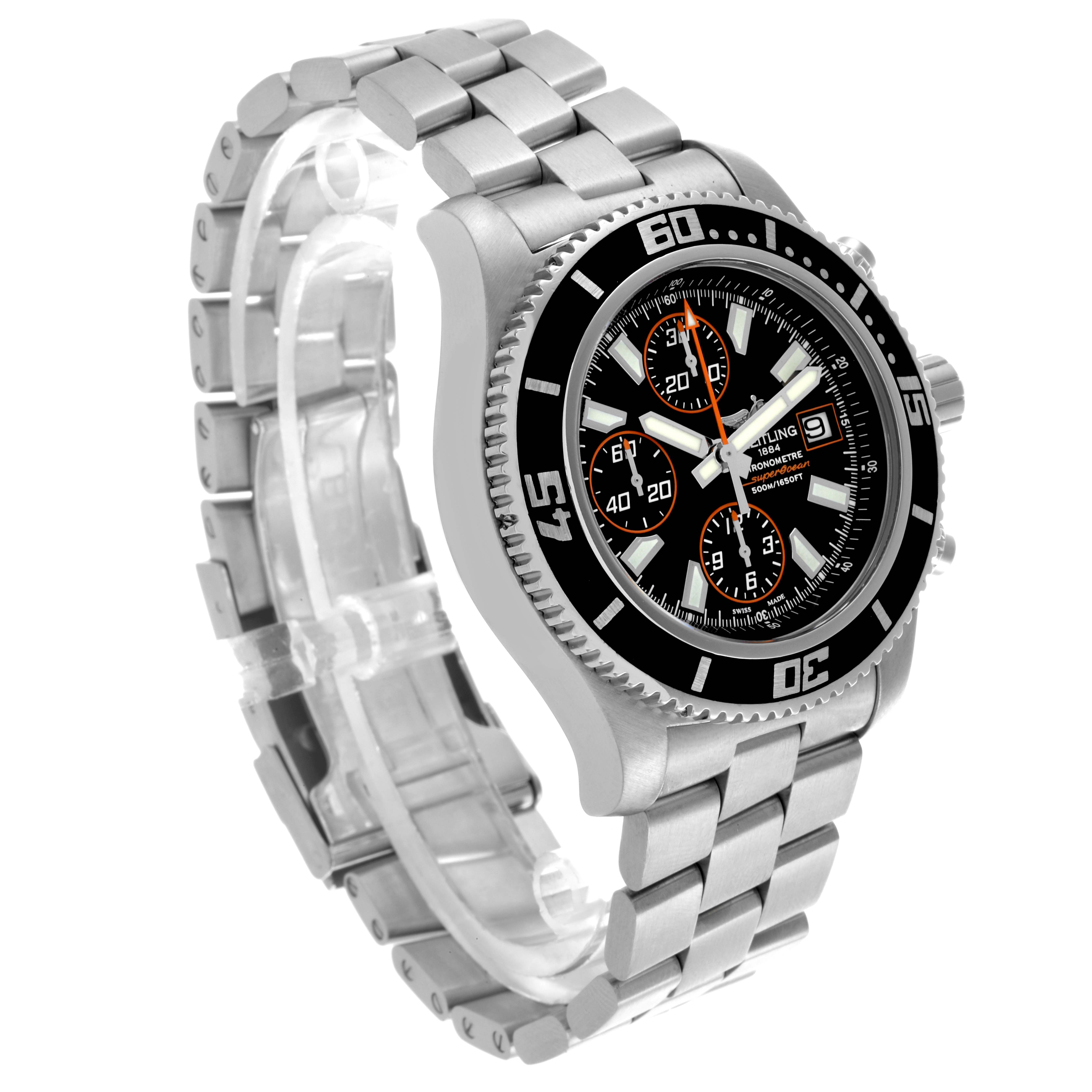 The Breitling Superocean A1334102/BA85 Men's Stainless Steel Black Dial A1334102/BA85 Men's Stainless Steel Black Dial watch is shown at an angle displaying the bezel, dial, and stainless steel bracelet.