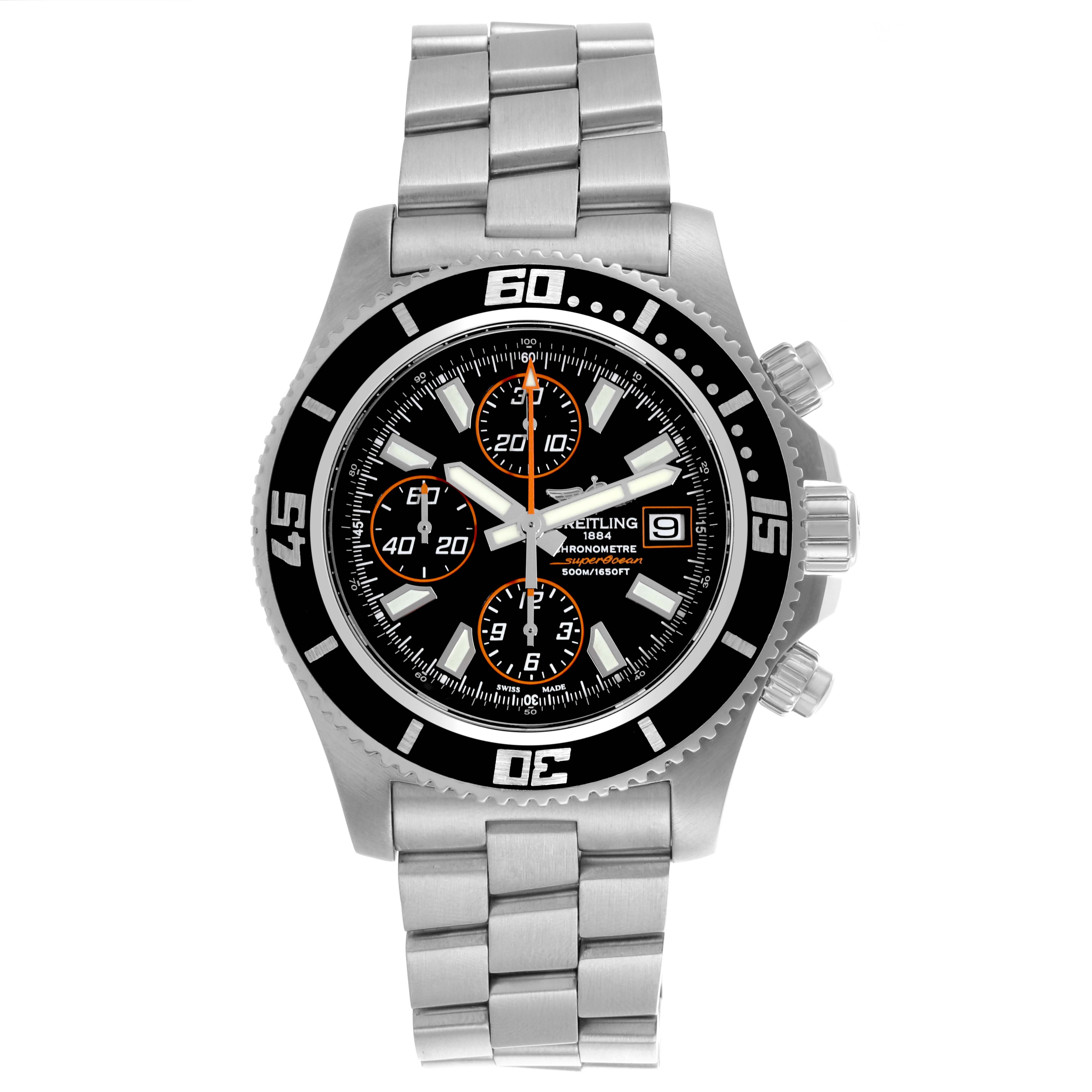 The Breitling Superocean A1334102/BA85 Men's Stainless Steel Black Dial A1334102/BA85 Men's Stainless Steel Black Dial watch is shown from the front, displaying its face, bezel, and stainless steel bracelet.
