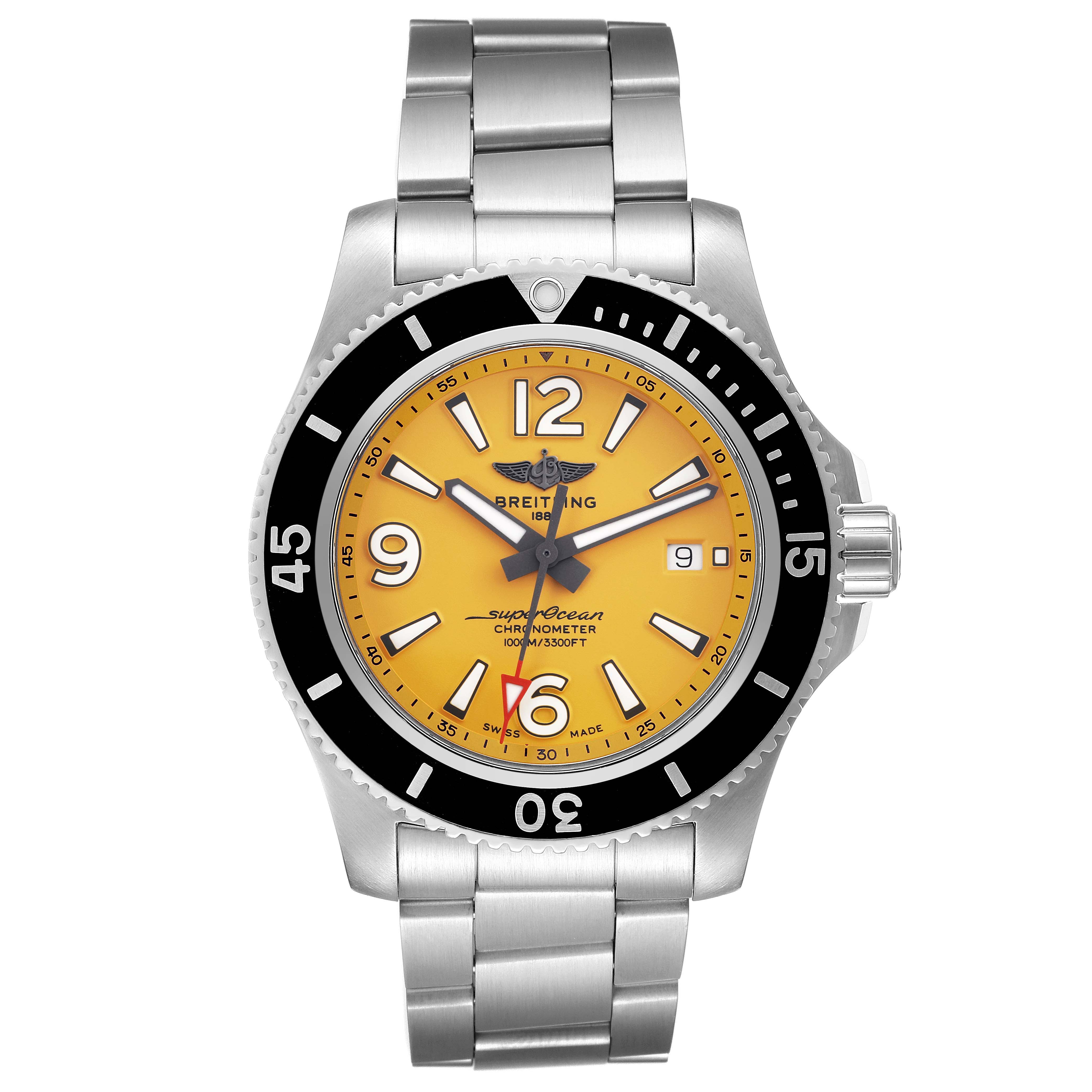 The Breitling Superocean A17367 Men
s Stainless Steel Yellow Dial A17367 Men
s Stainless Steel Yellow Dial watch is shown from the front, displaying its dial, bezel, and bracelet clearly.