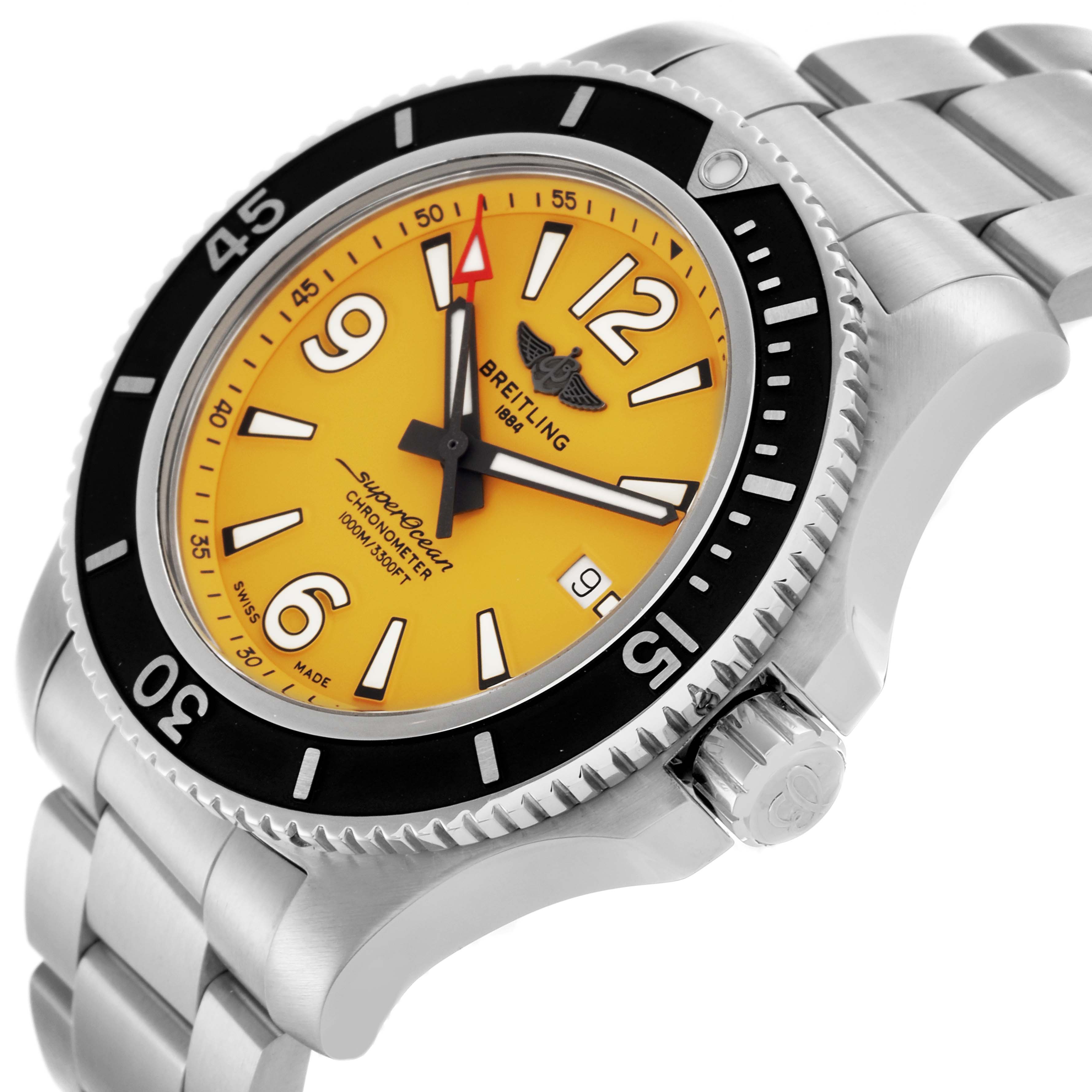 The Breitling Superocean A17367 Men
s Stainless Steel Yellow Dial A17367 Men
s Stainless Steel Yellow Dial watch is shown from an angled front view, highlighting the face, bezel, crown, and bracelet.