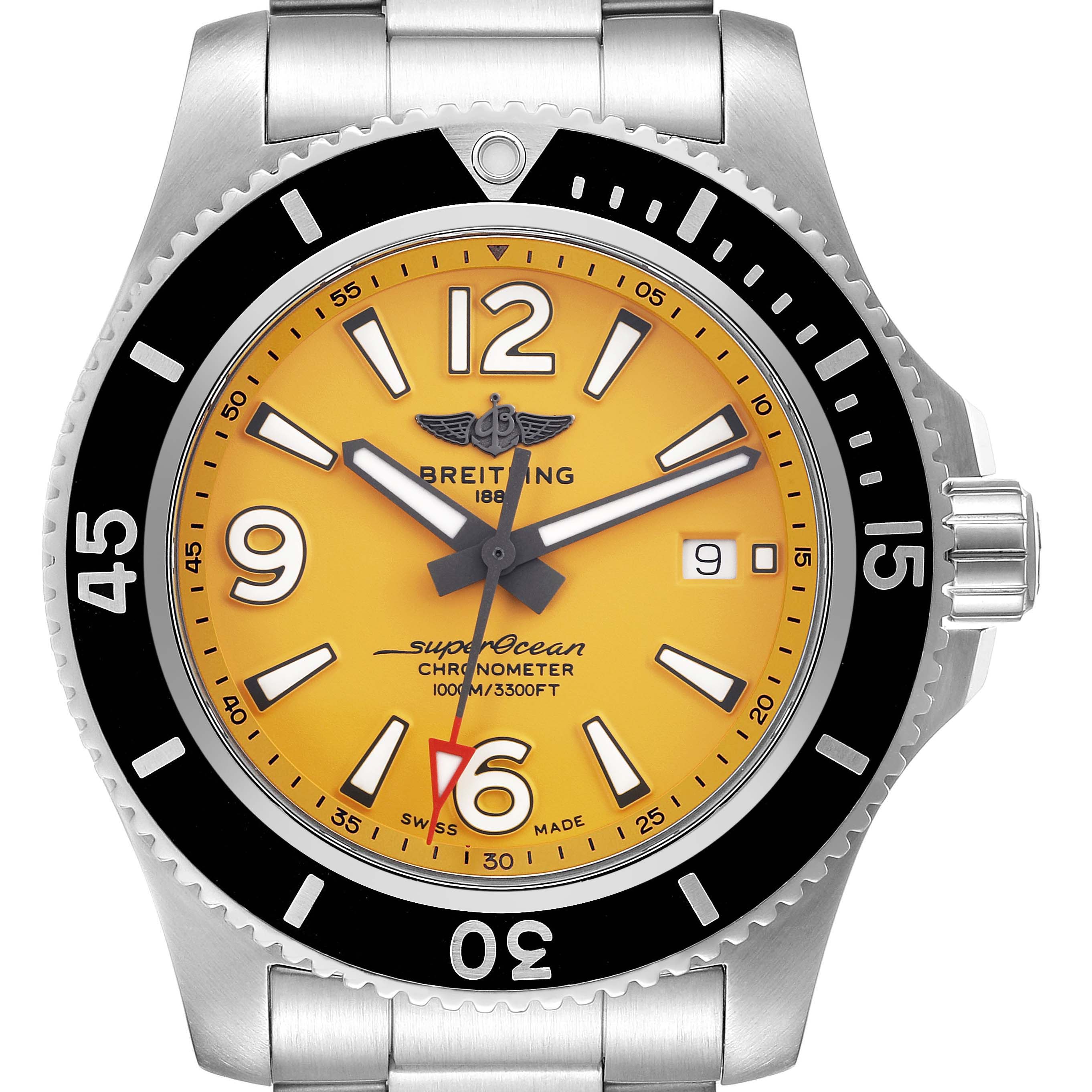 The image shows a front view of the Breitling Superocean A17367 Men
s Stainless Steel Yellow Dial A17367 Men
s Stainless Steel Yellow Dial watch, highlighting the dial, bezel, and crown.