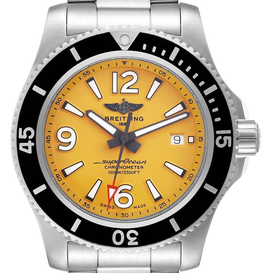 The image shows a front view of the Breitling Superocean watch, highlighting the dial, bezel, and crown.