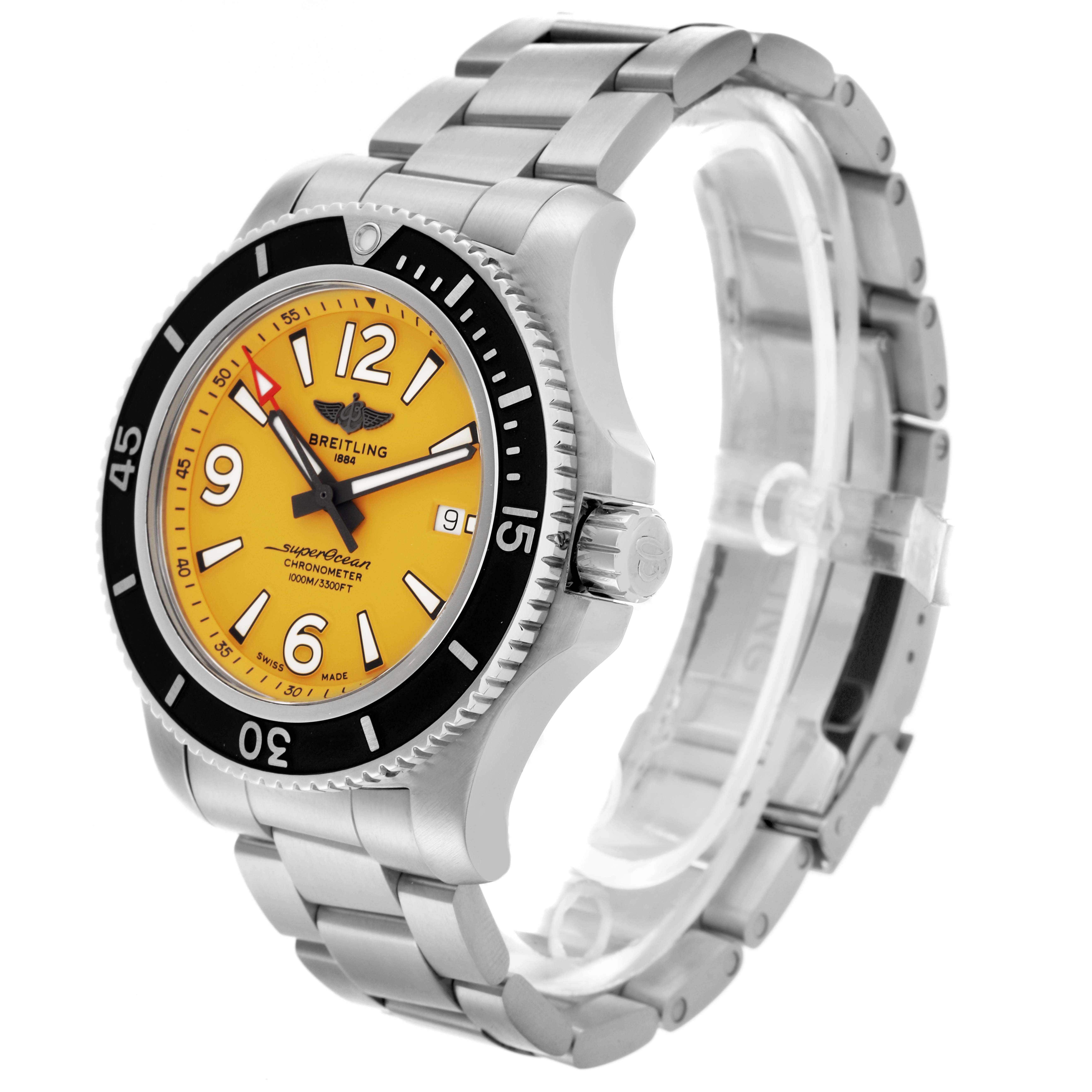 The Breitling Superocean A17367 Men
s Stainless Steel Yellow Dial A17367 Men
s Stainless Steel Yellow Dial watch is shown at a side angle, displaying its face, bezel, and metal bracelet.
