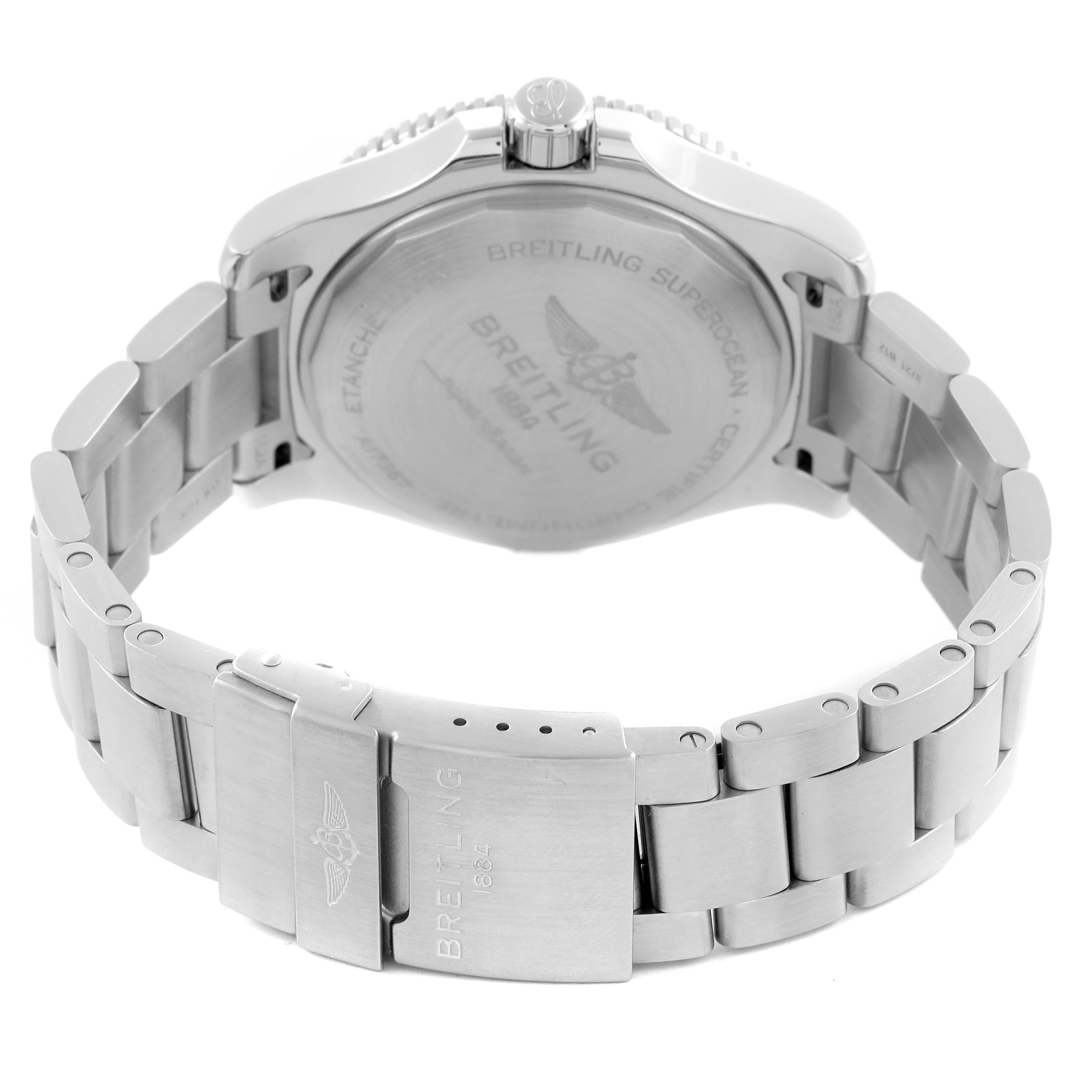 The image shows the back case and bracelet of the Breitling Superocean A17367 Men
s Stainless Steel Yellow Dial A17367 Men
s Stainless Steel Yellow Dial watch at a slightly elevated angle.