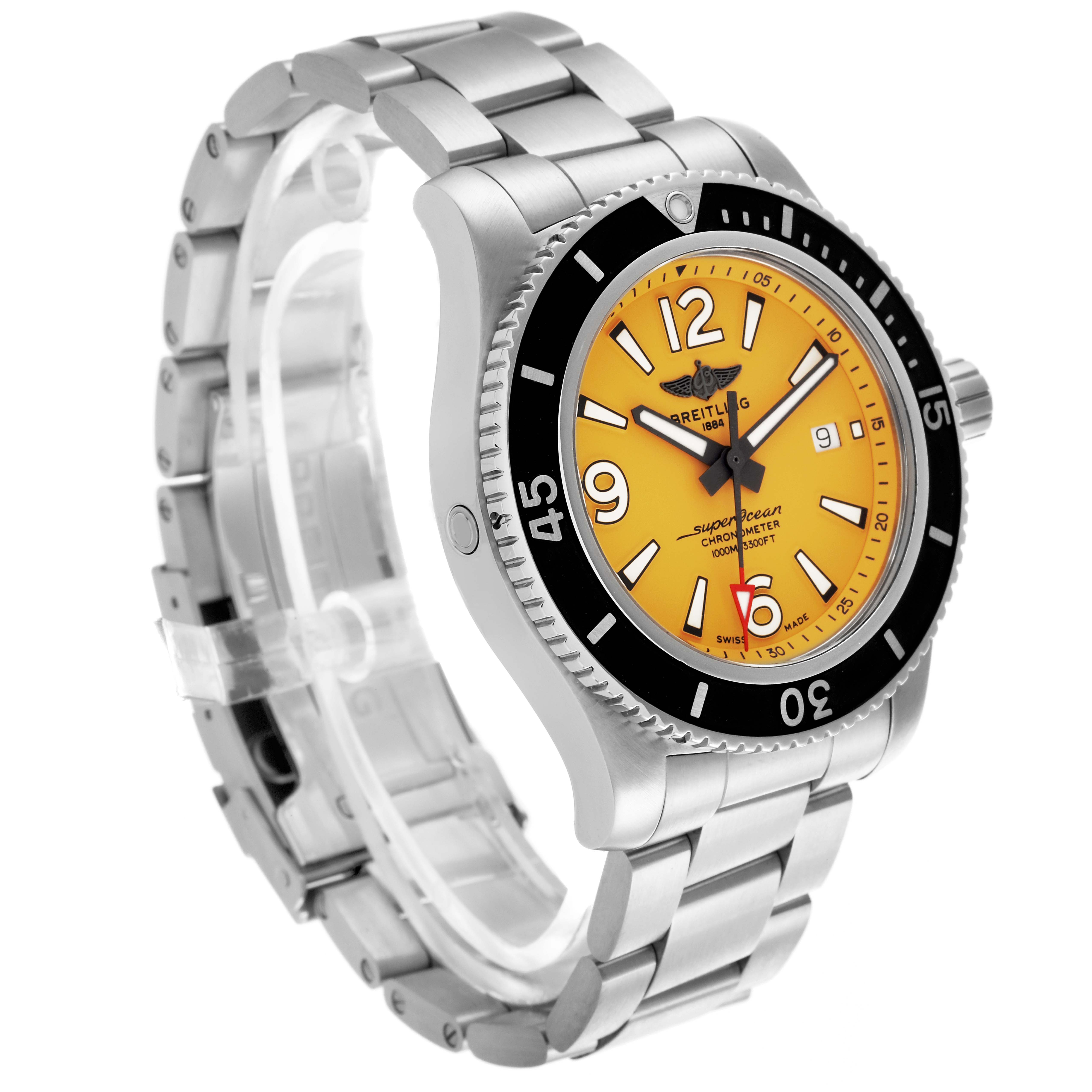 The Breitling Superocean A17367 Men
s Stainless Steel Yellow Dial A17367 Men
s Stainless Steel Yellow Dial watch is shown at an angled side view, displaying its dial, bezel, case, and bracelet.
