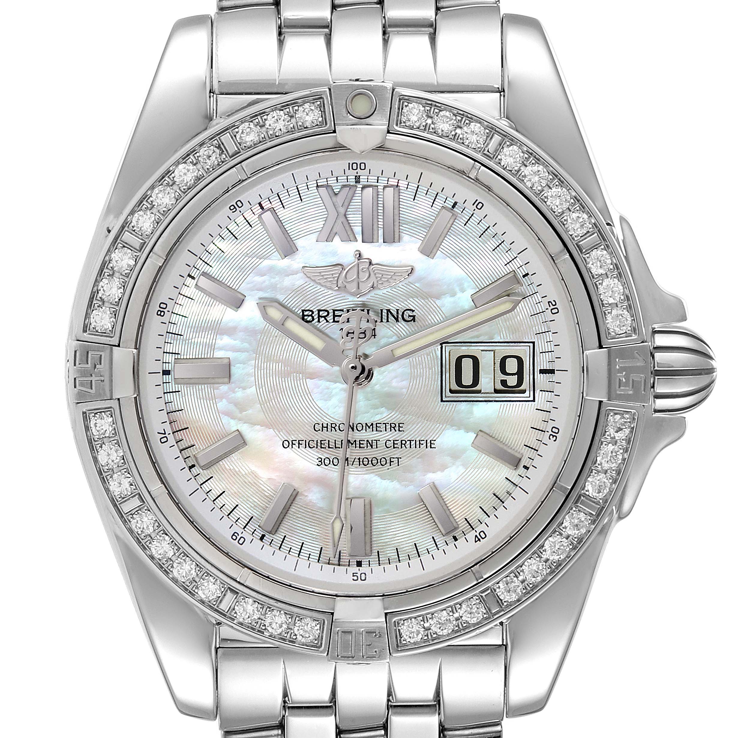 This image shows a frontal view of the Breitling Windrider A49350LA/A702-366A Men's Stainless Steel Mother of Pearl Dial A49350LA/A702-366A Men's Stainless Steel Mother of Pearl Dial watch, featuring its dial, bezel, and bracelet.