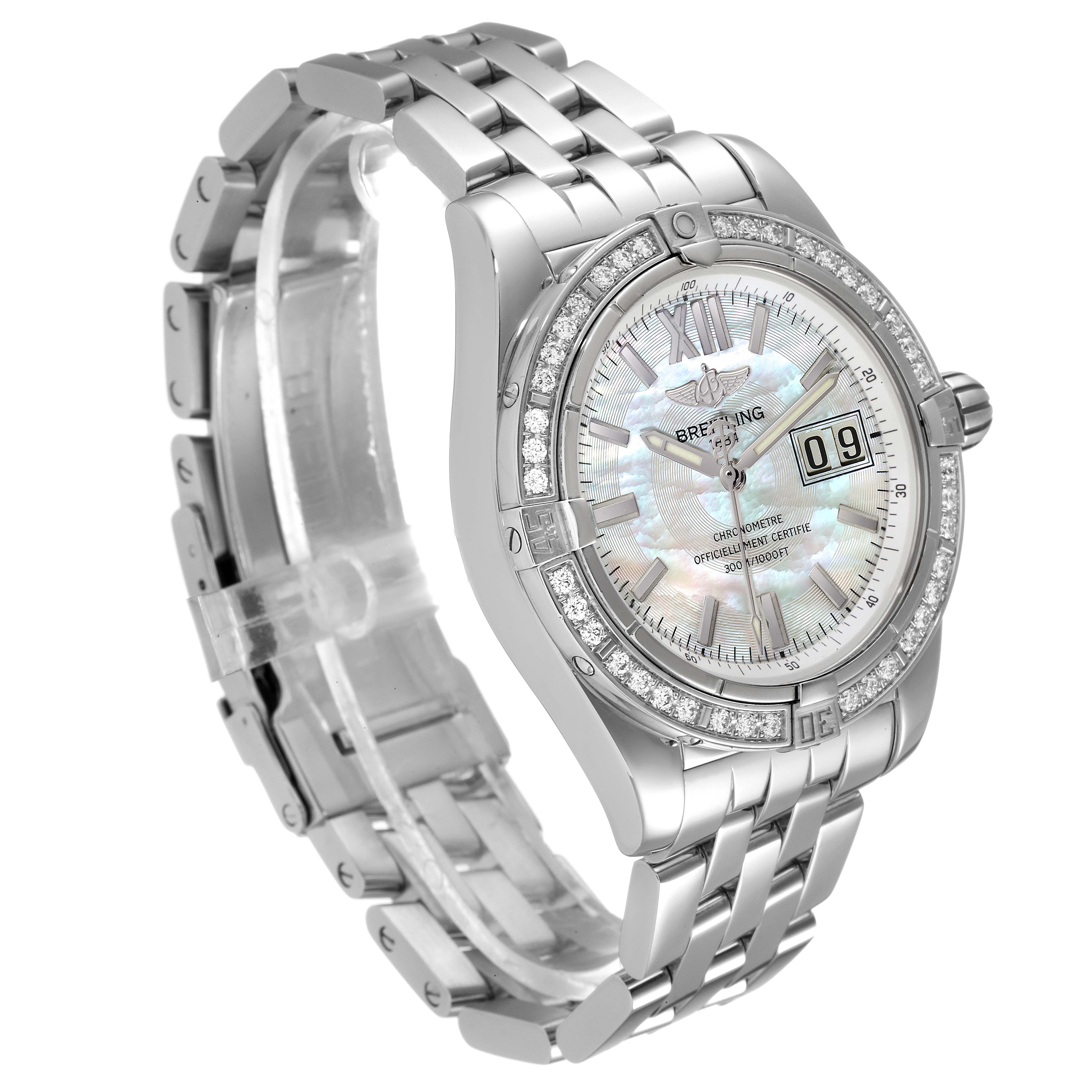 The image shows a Breitling Windrider A49350LA/A702-366A Men's Stainless Steel Mother of Pearl Dial A49350LA/A702-366A Men's Stainless Steel Mother of Pearl Dial watch at a slight angle, displaying the face, bezel, and part of the metal strap.