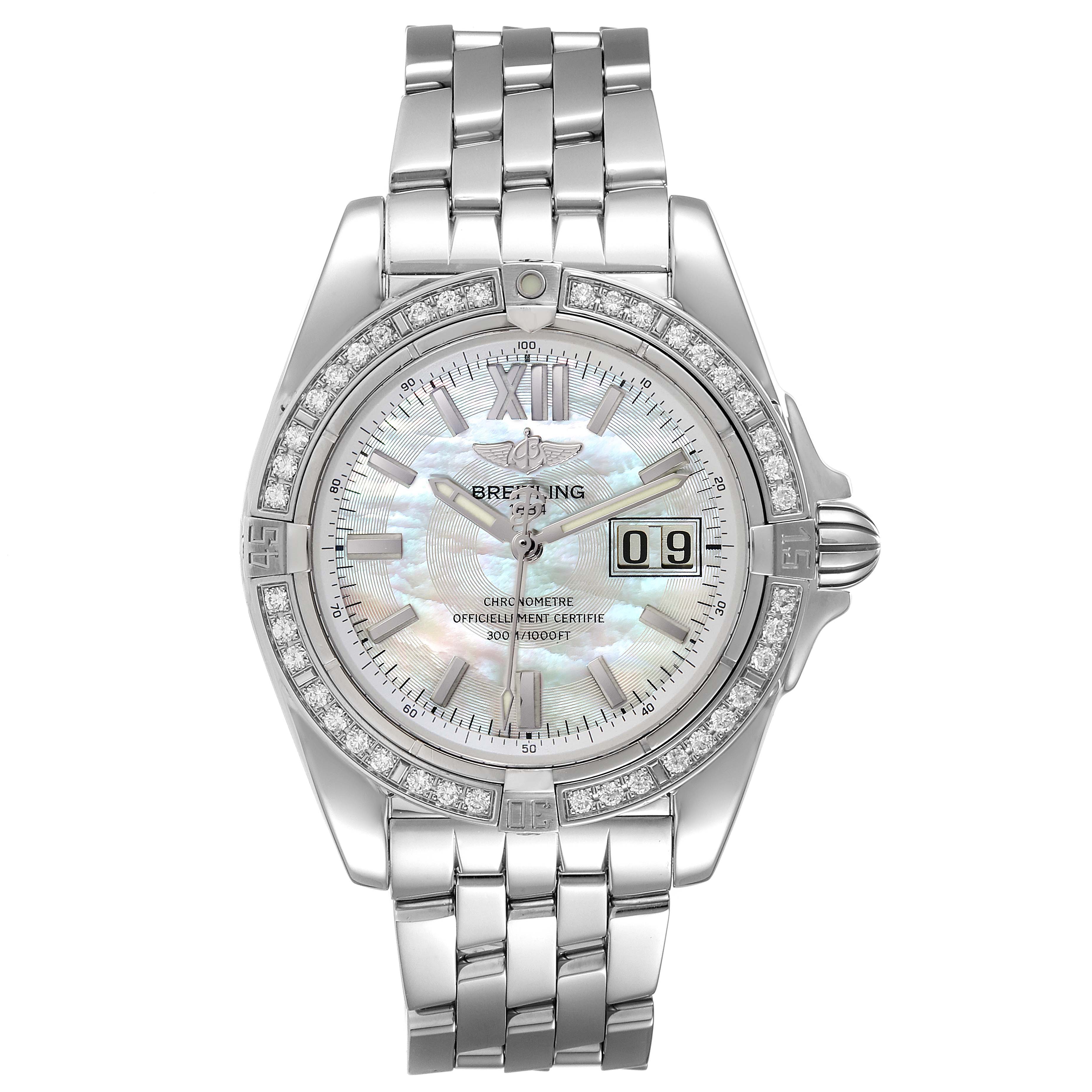 The image shows a front view of a Breitling Windrider A49350LA/A702-366A Men's Stainless Steel Mother of Pearl Dial A49350LA/A702-366A Men's Stainless Steel Mother of Pearl Dial watch, highlighting the face, bezel, and bracelet.
